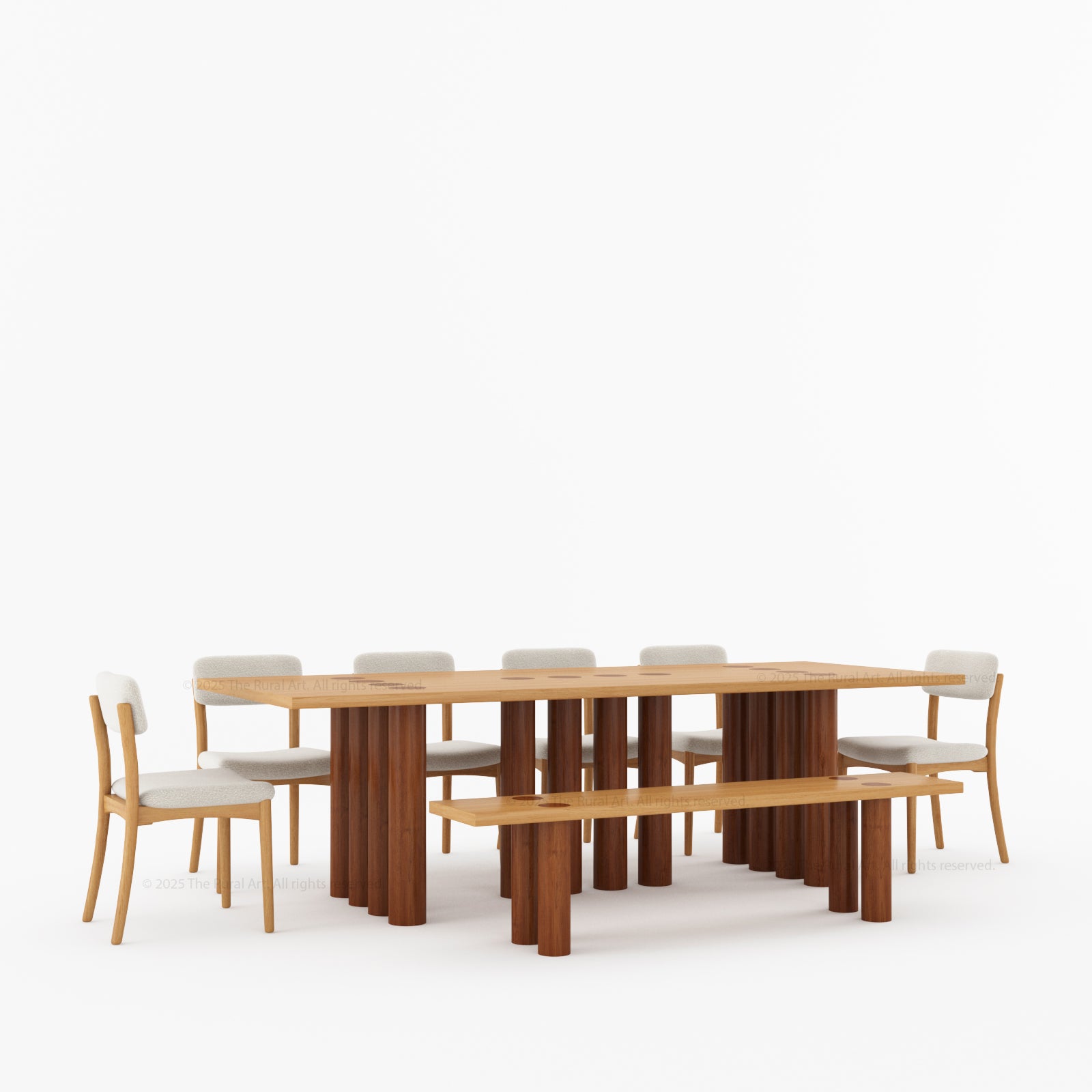 New York Modern Large Dining Table Set Made In Solid Wood Sculptural Round Legs & Inlay Accents