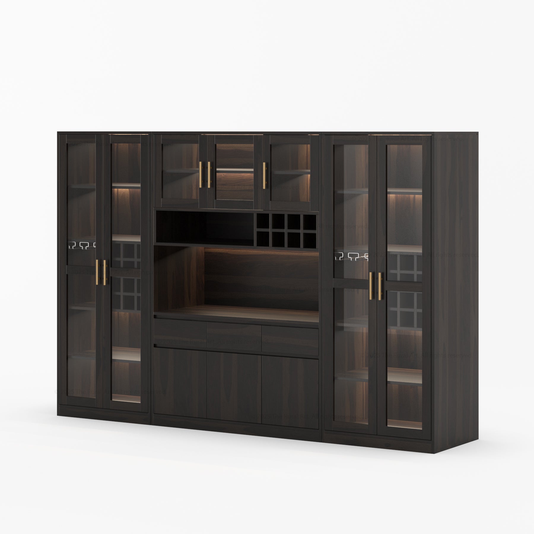 Fairfield Modern Solid Wood Wall Bar Cabinet with Glass Doors and LED Display