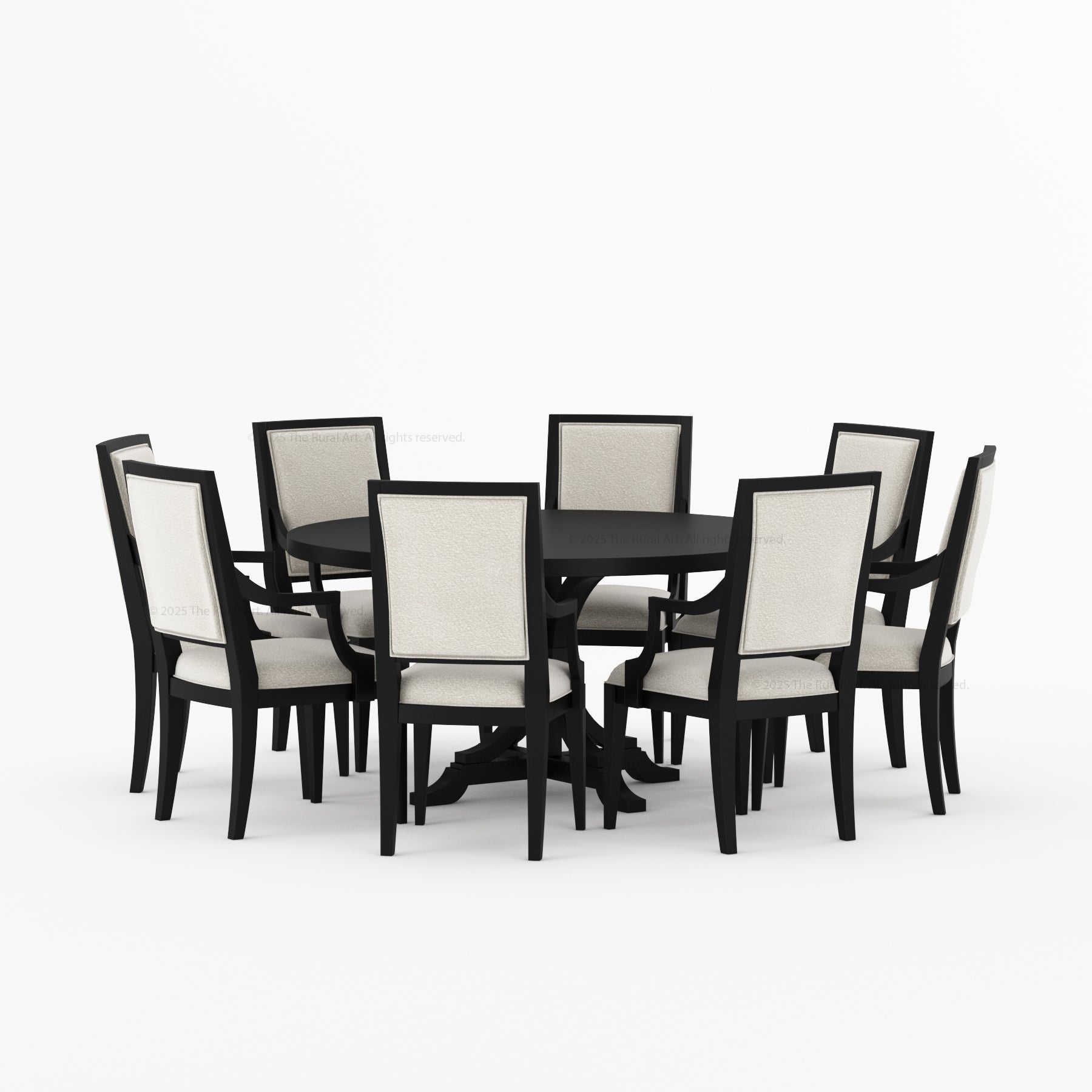 Miami Round Solid Wood Dining Table Set with Iron-Accented Pedestal & Upholstered Armchairs