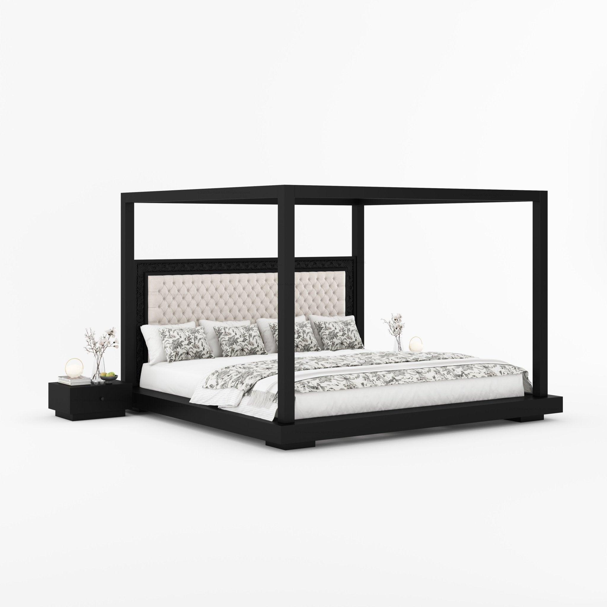 Sheffield Solid Wood Canopy Bed with Upholstered Tufted Headboard & Hand-Carved Frame