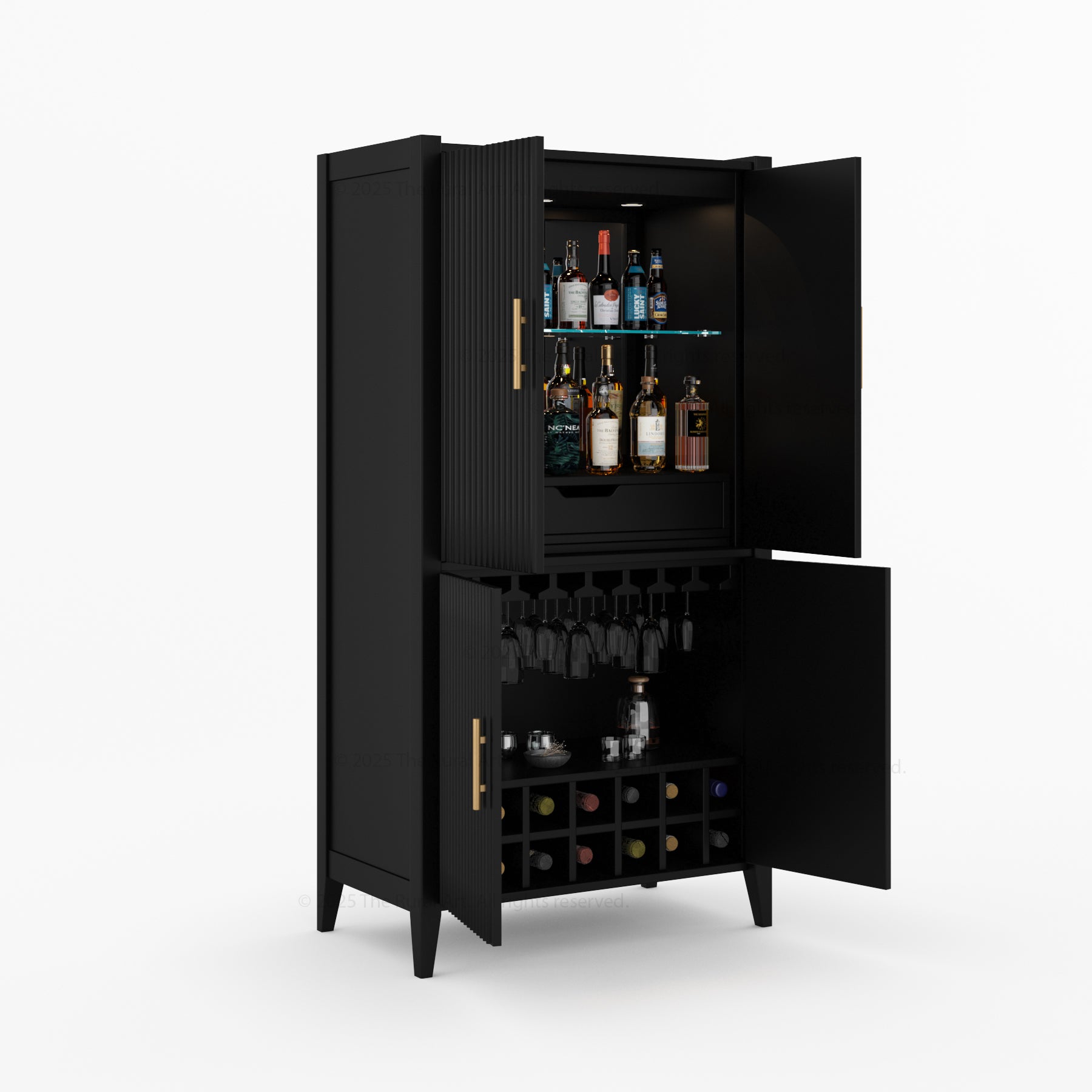 Monarch Solid Wood Wine Bar Cabinet & Counter Set with Glass-Back Display