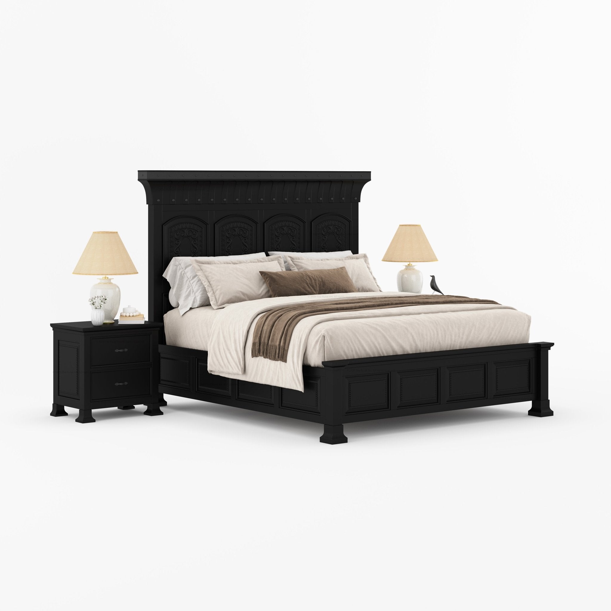 Prescott Grand Heritage Solid Wood Bedroom Set with Hand-Carved Bed & 2 Nightstands