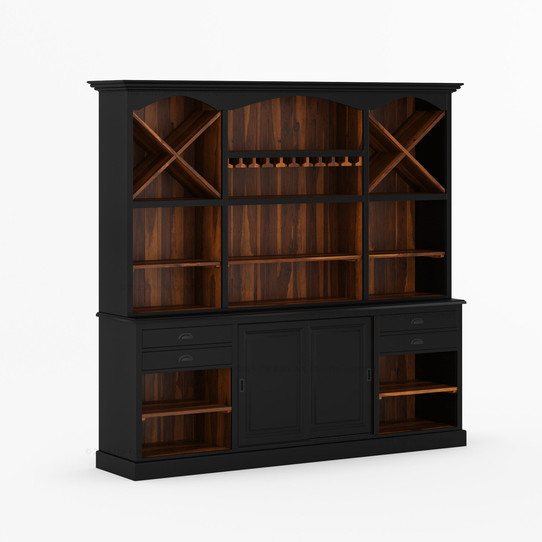Lancaster Solid Wood Hutch Bar Cabinet with Wine Racks & Glass Storage