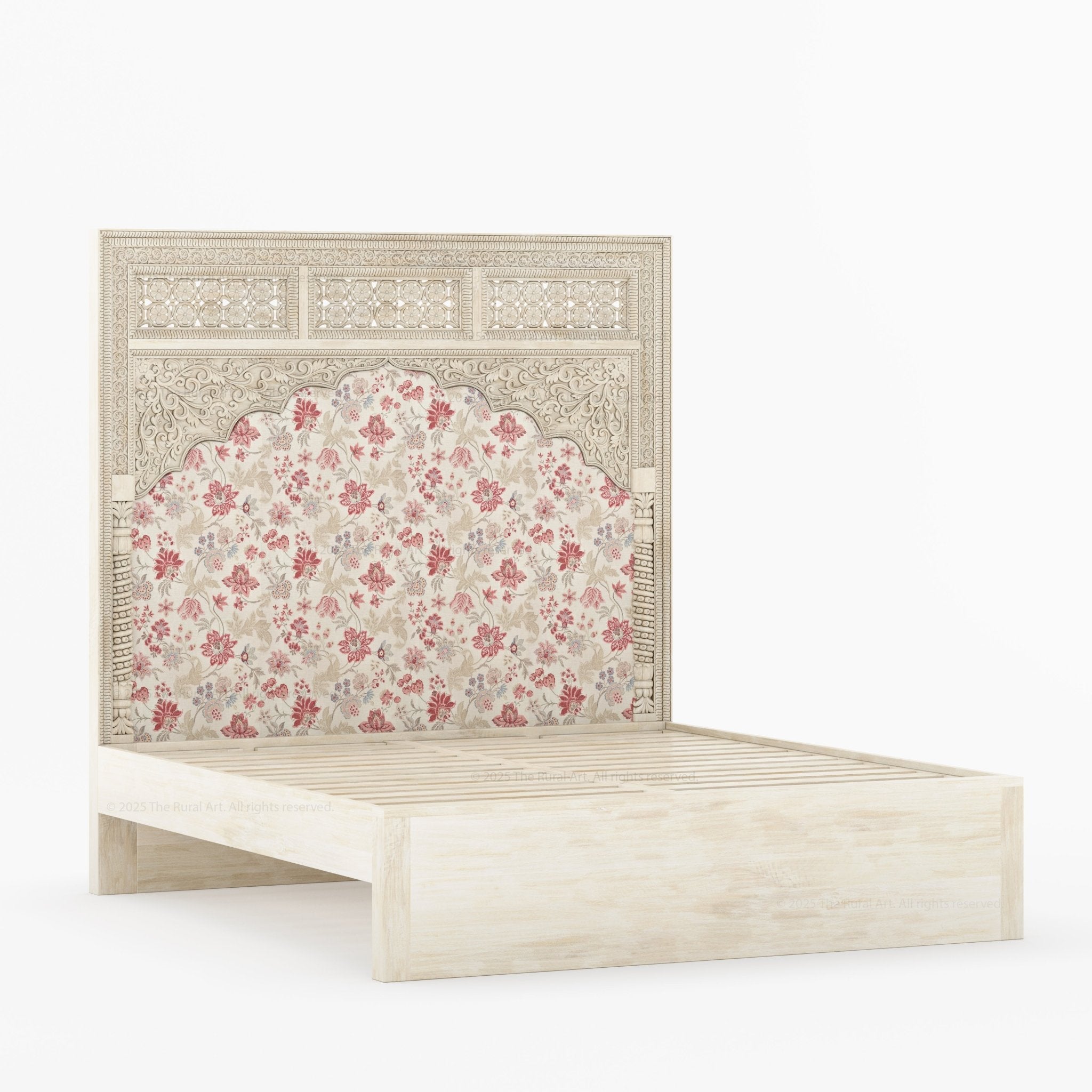 Dakota Antique White Solid Wood Bed Hand-Carved with Vintage Floral Fabric Headboard