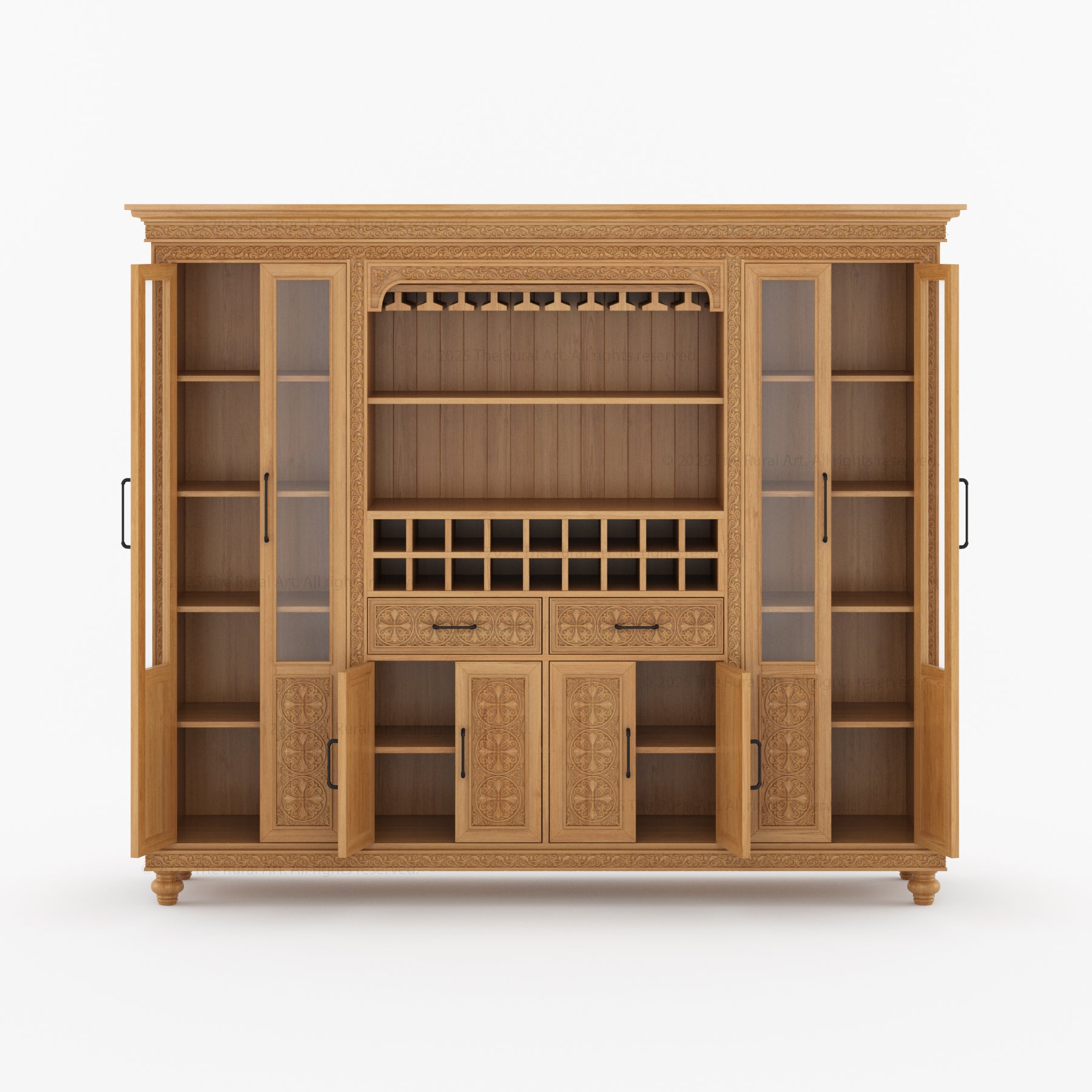 Marin Solid Wood Wine Bar Cabinet Hutch Hand Carved