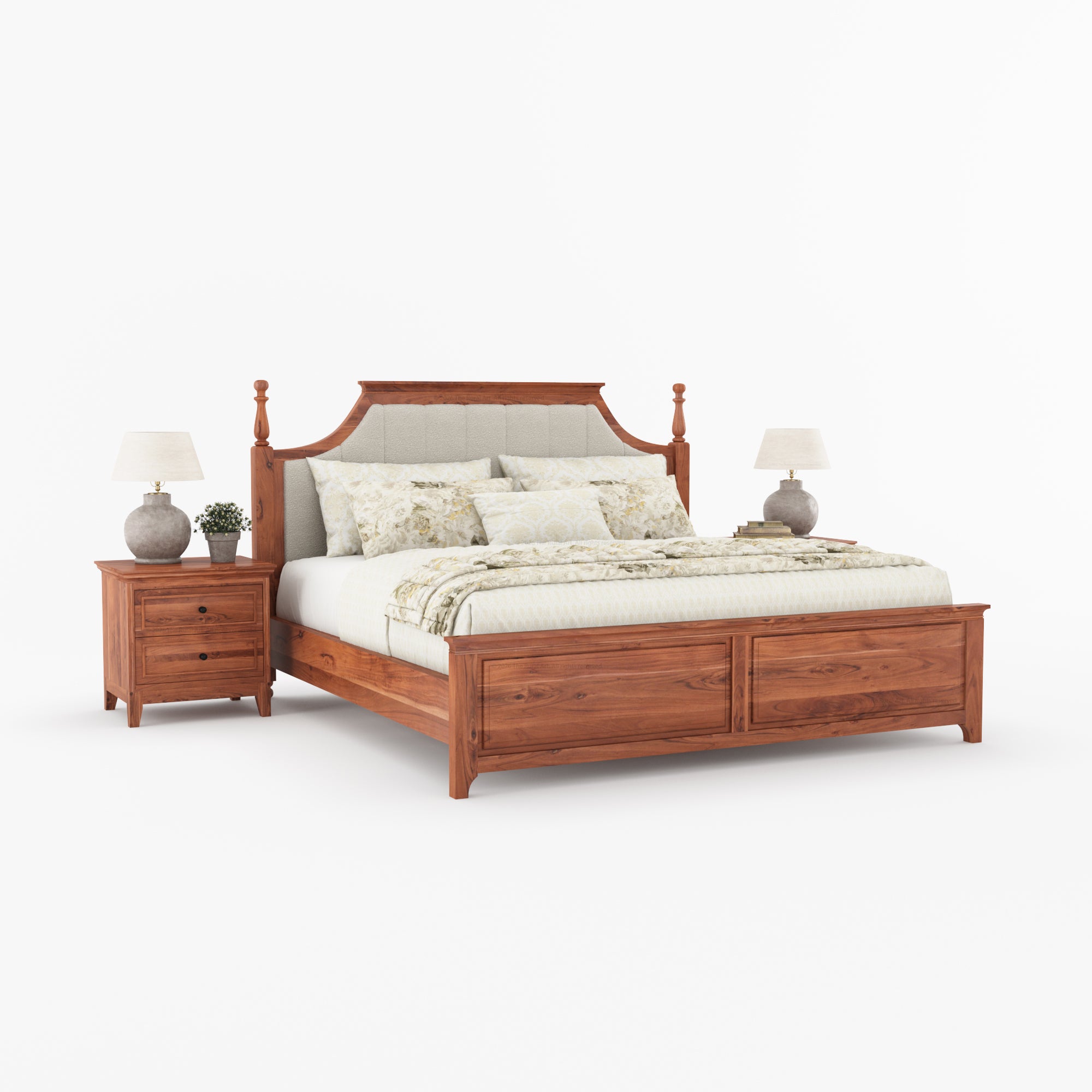 Anniston Solid Wood Bed and Nightstand Set with Upholstered Headboard