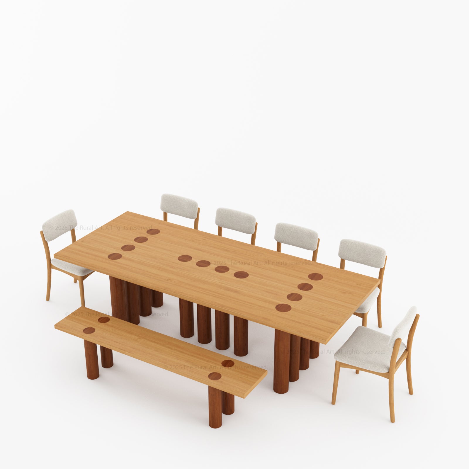 New York Modern Large Dining Table Set Made In Solid Wood Sculptural Round Legs & Inlay Accents