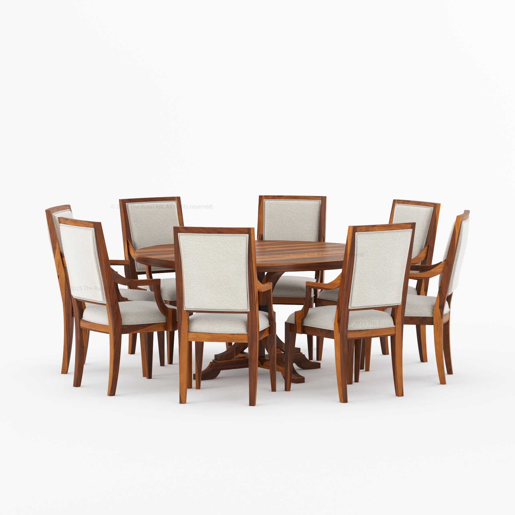 Miami Round Solid Wood Dining Table Set with Iron-Accented Pedestal & Upholstered Armchairs
