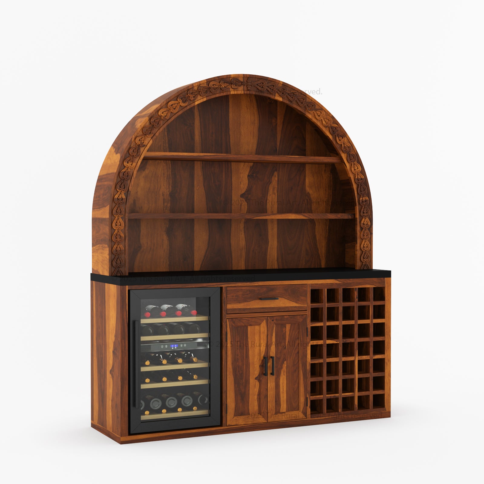 Napa Arched Solid Wood Large Bar Cabinet with Open Shelves and Fridge Space