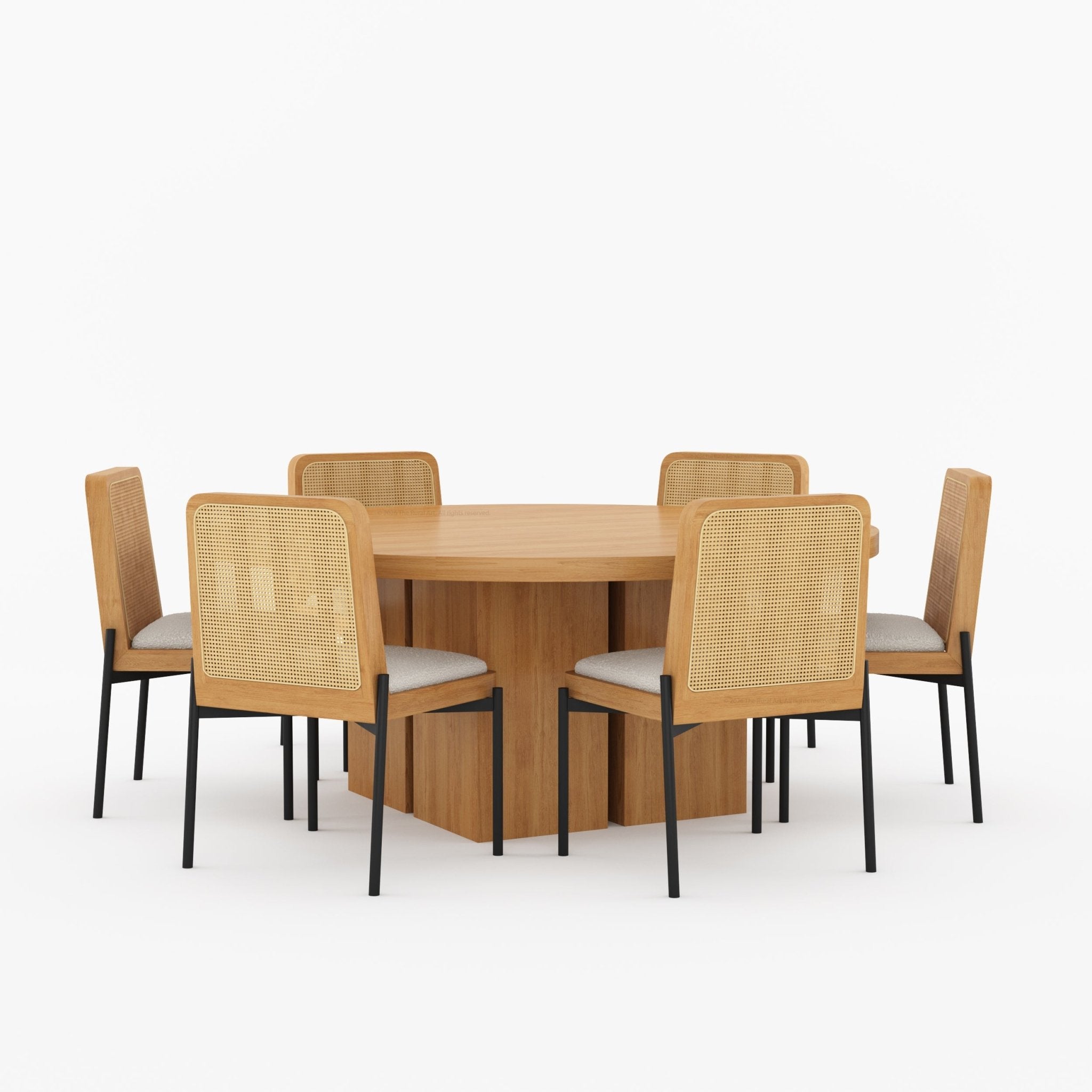 Ozark Round Wooden Pedestal Dining Table with Cane-Back Upholstered Chairs