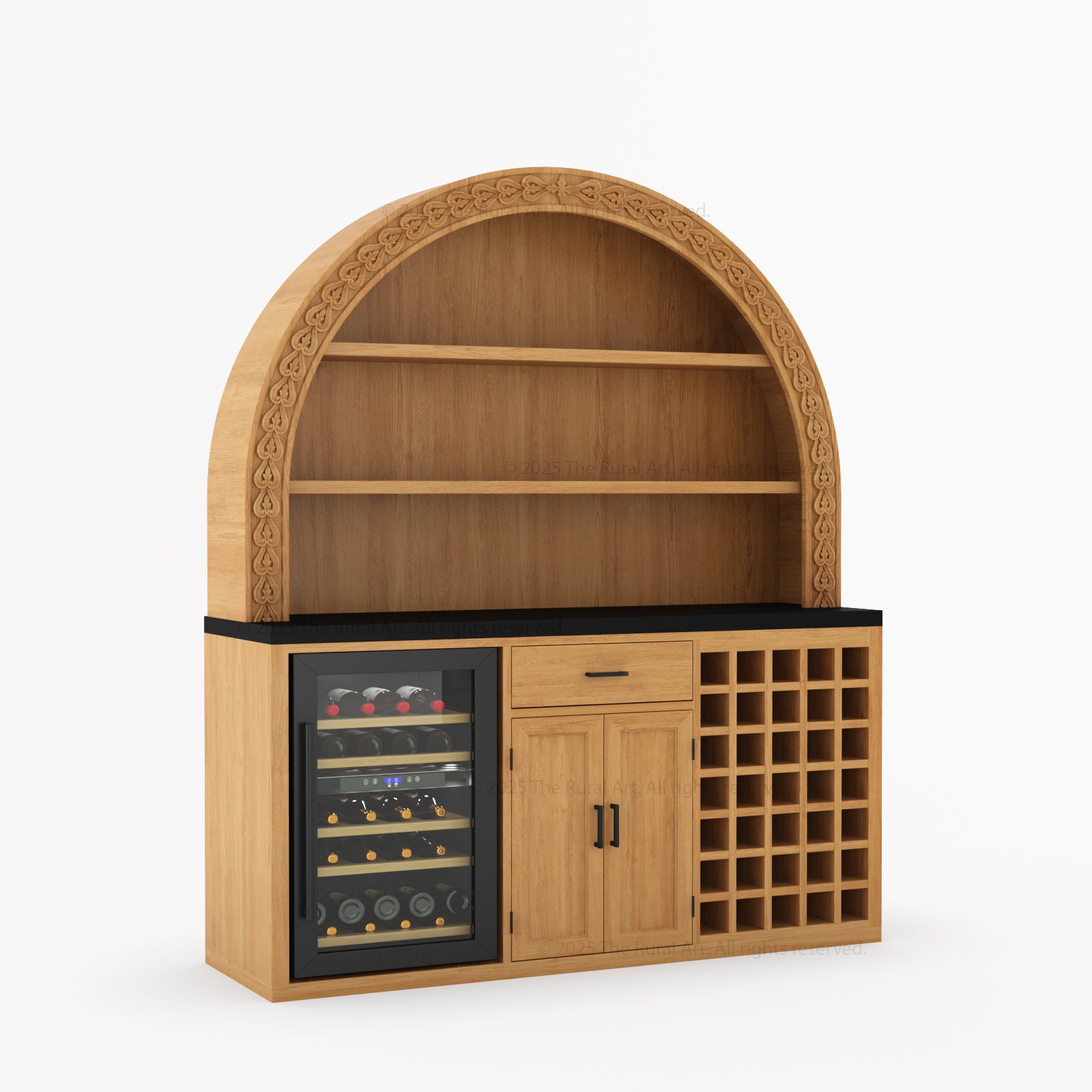 Napa Arched Solid Wood Large Bar Cabinet with Open Shelves and Fridge Space