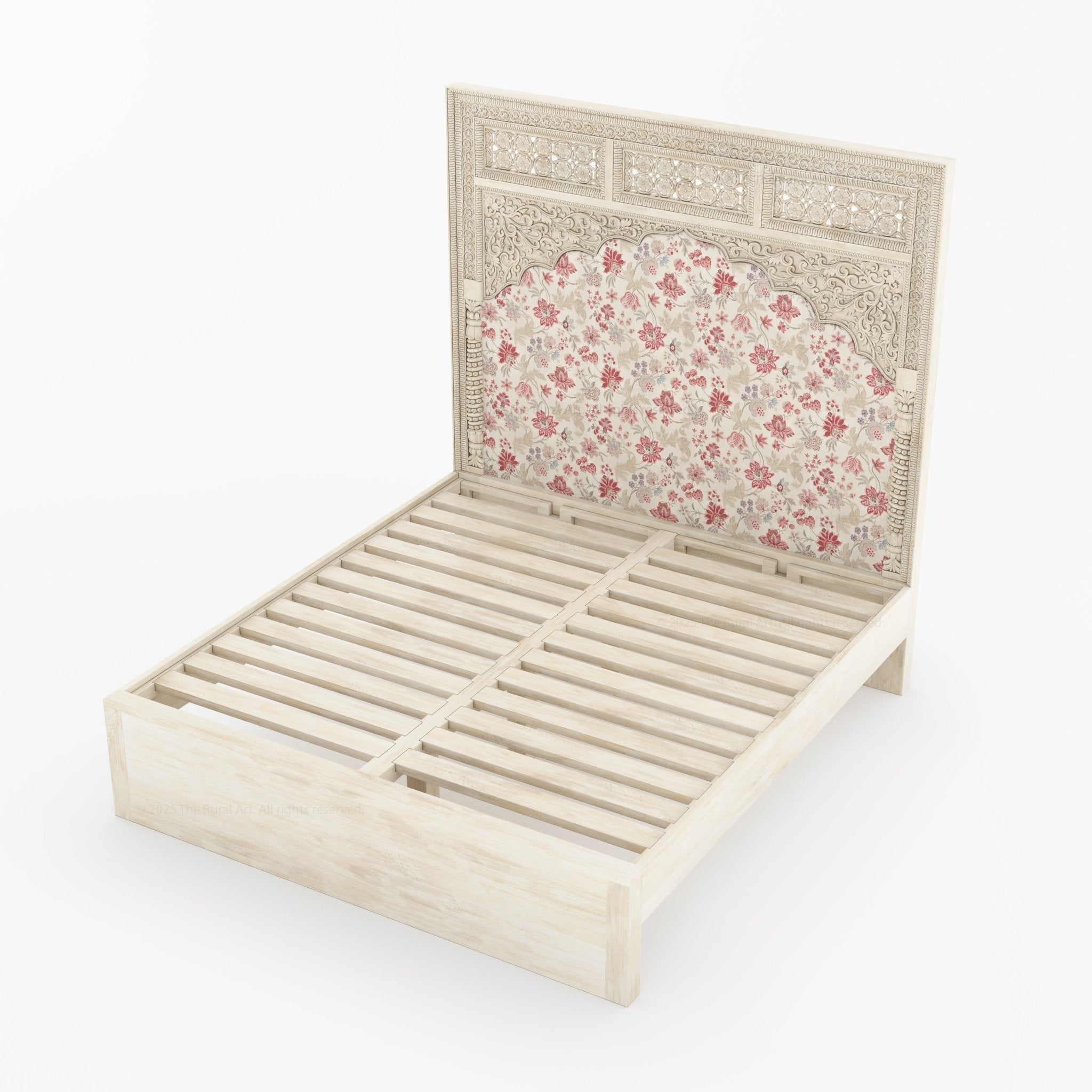 Dakota Antique White Solid Wood Bed Hand-Carved with Vintage Floral Fabric Headboard