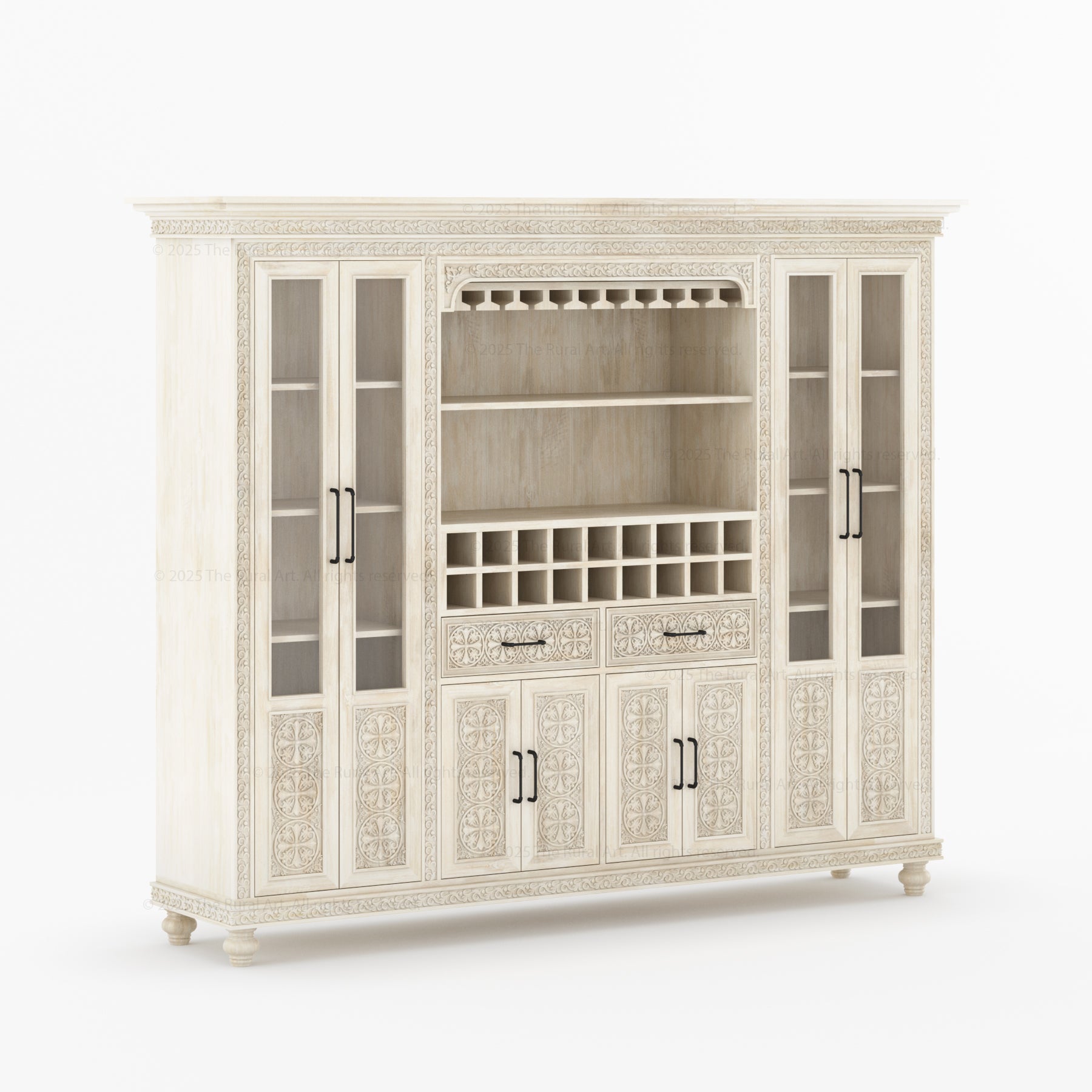 Marin Solid Wood Wine Bar Cabinet Hutch Hand Carved