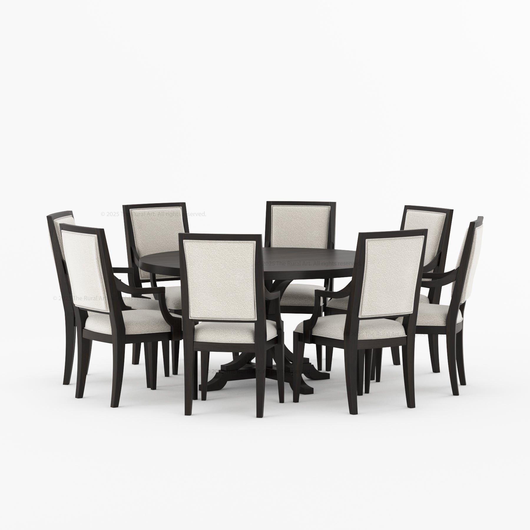 Miami Round Solid Wood Dining Table Set with Iron-Accented Pedestal & Upholstered Armchairs