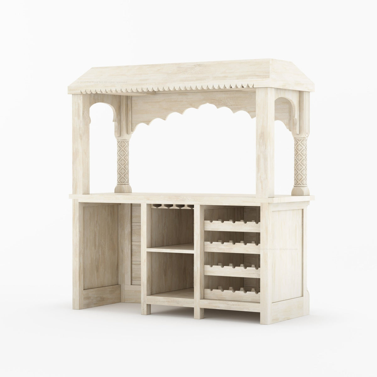 Monterey Hand-Carved Canopy Wine Bar Counter with Wine Fridge Space & Bottle Storage