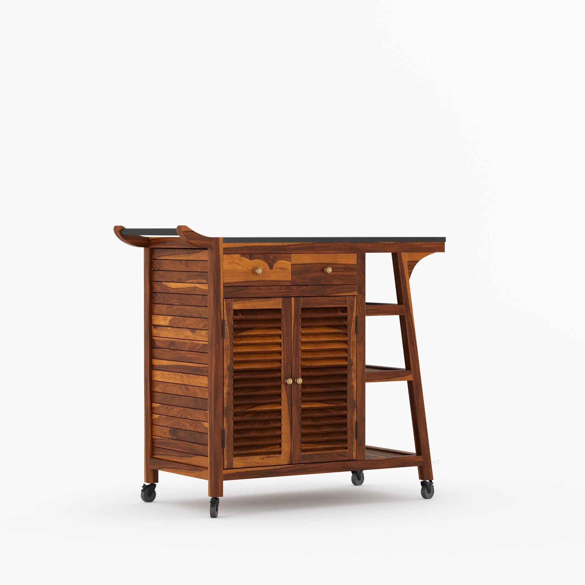 Ketchikan Solid Wood Outdoor Wine Cart with Storage & Serving Shelves