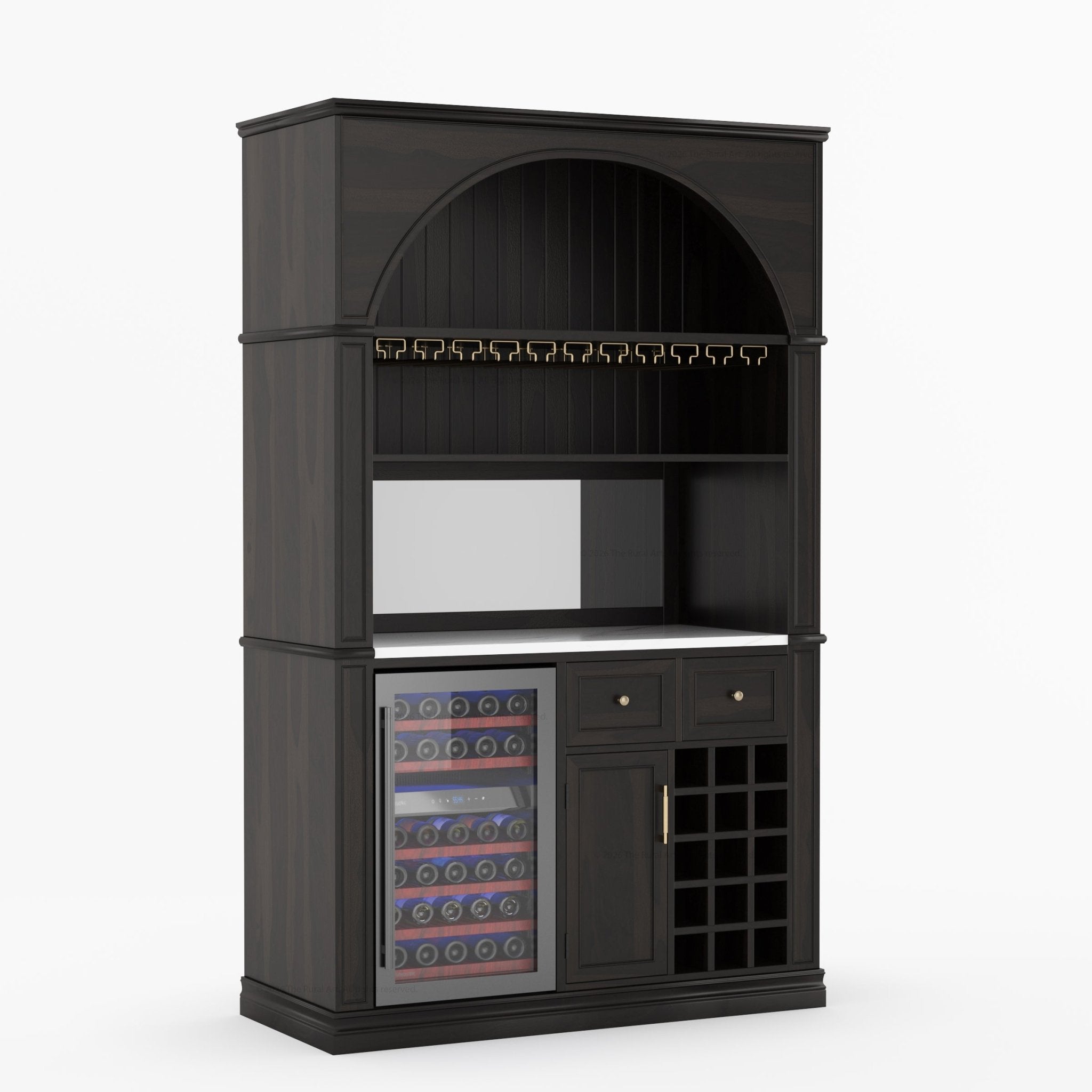 Douglas Arch Wine Bar Cabinet with Fridge Space & Marble Countertop