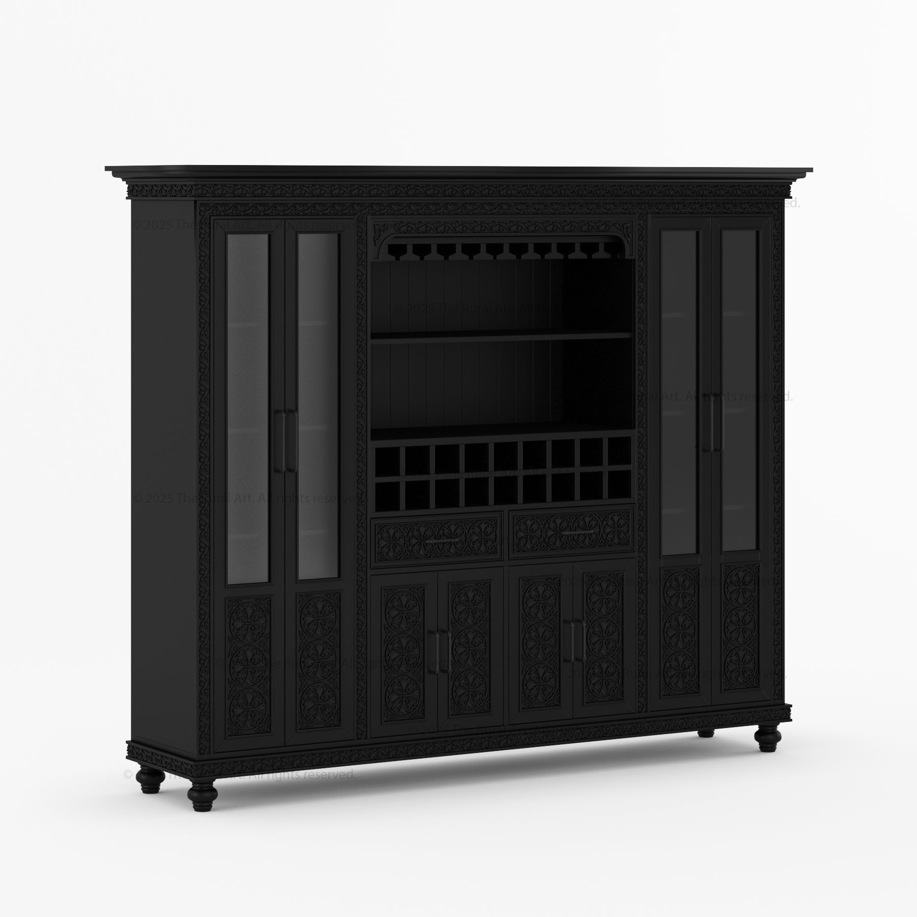 Marin Solid Wood Wine Bar Cabinet Hutch Hand Carved