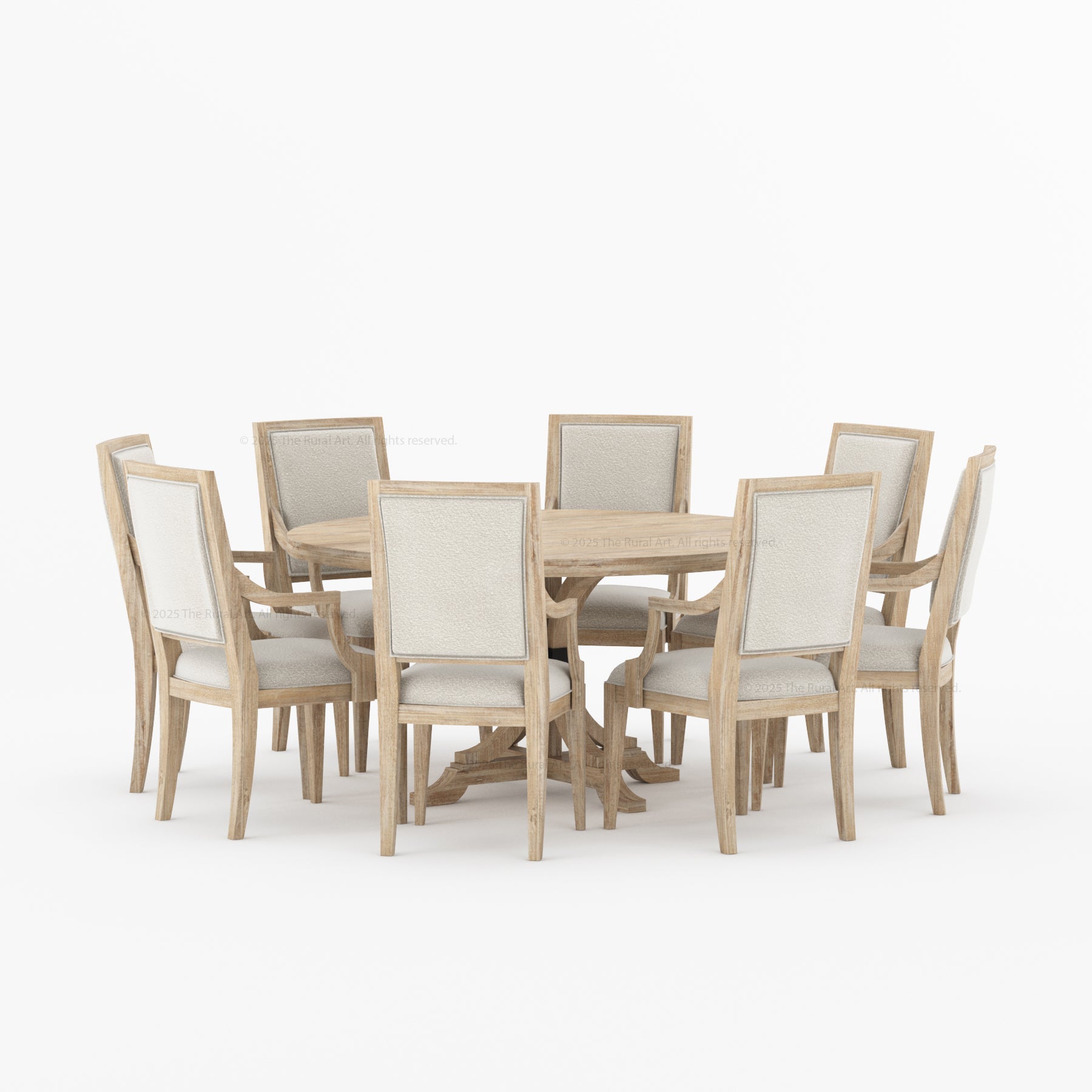 Miami Round Solid Wood Dining Table Set with Iron-Accented Pedestal & Upholstered Armchairs