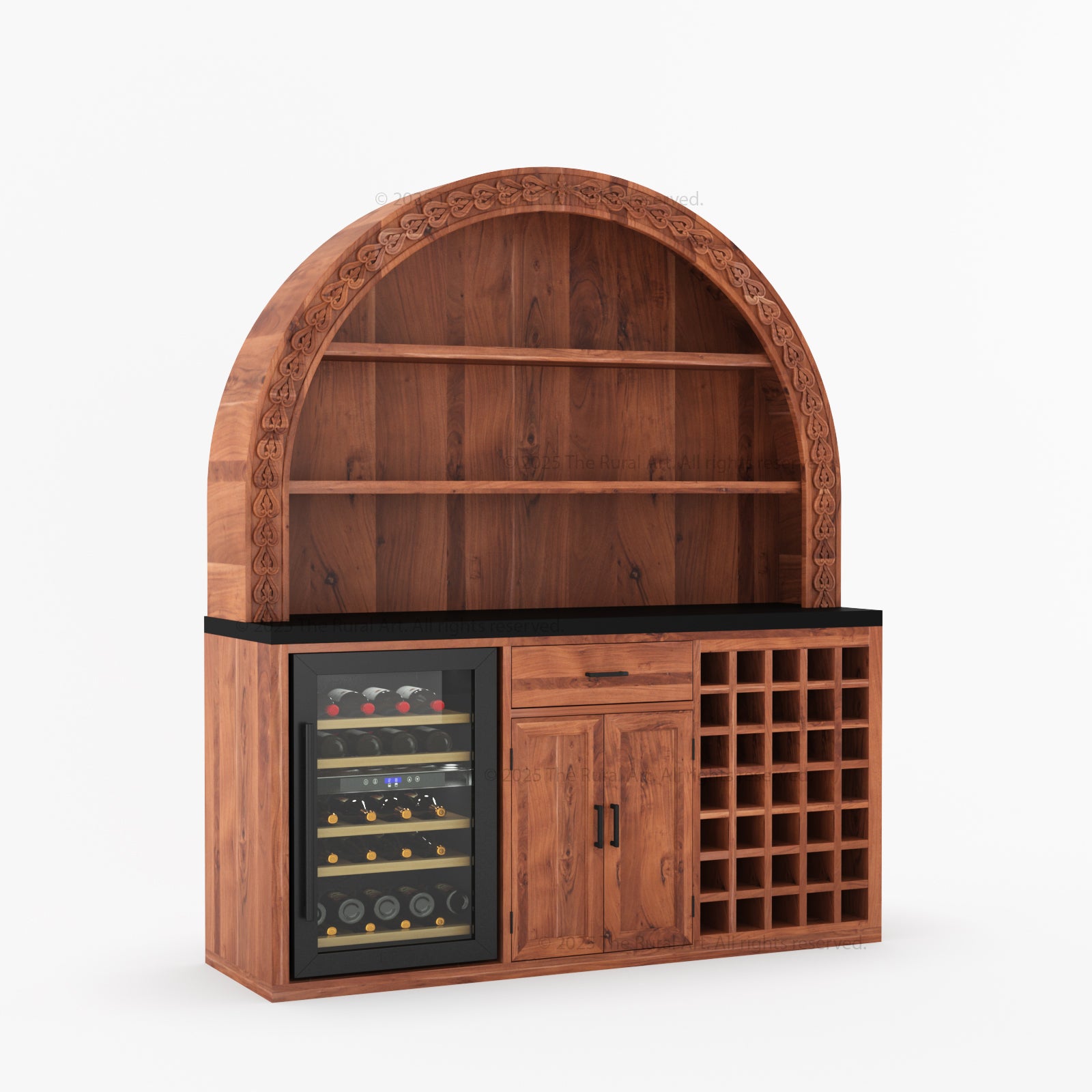 Napa Arched Solid Wood Large Bar Cabinet with Open Shelves and Fridge Space