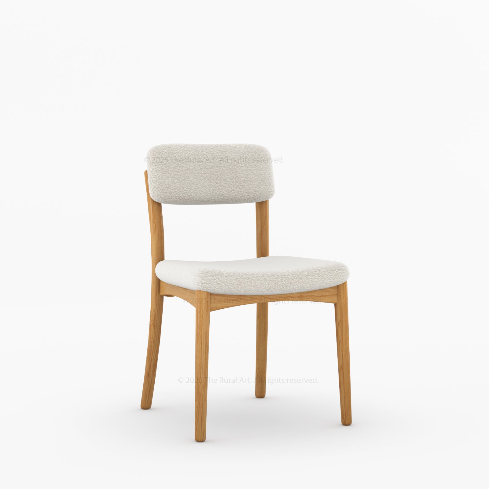 Chair with wooden frame and white cushioned seat and backrest