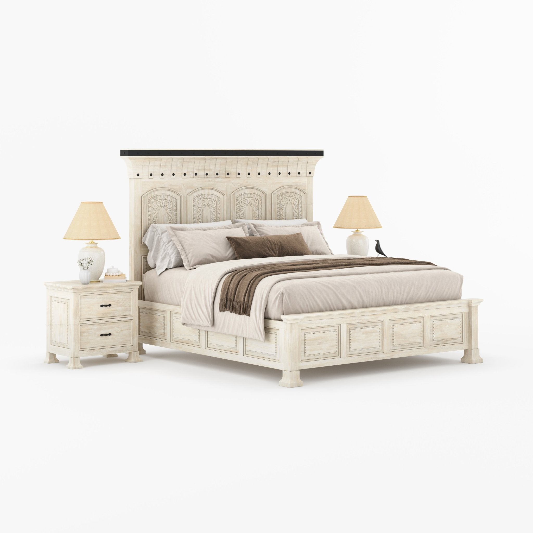 Prescott Grand Heritage Solid Wood Bedroom Set with Hand-Carved Bed & 2 Nightstands