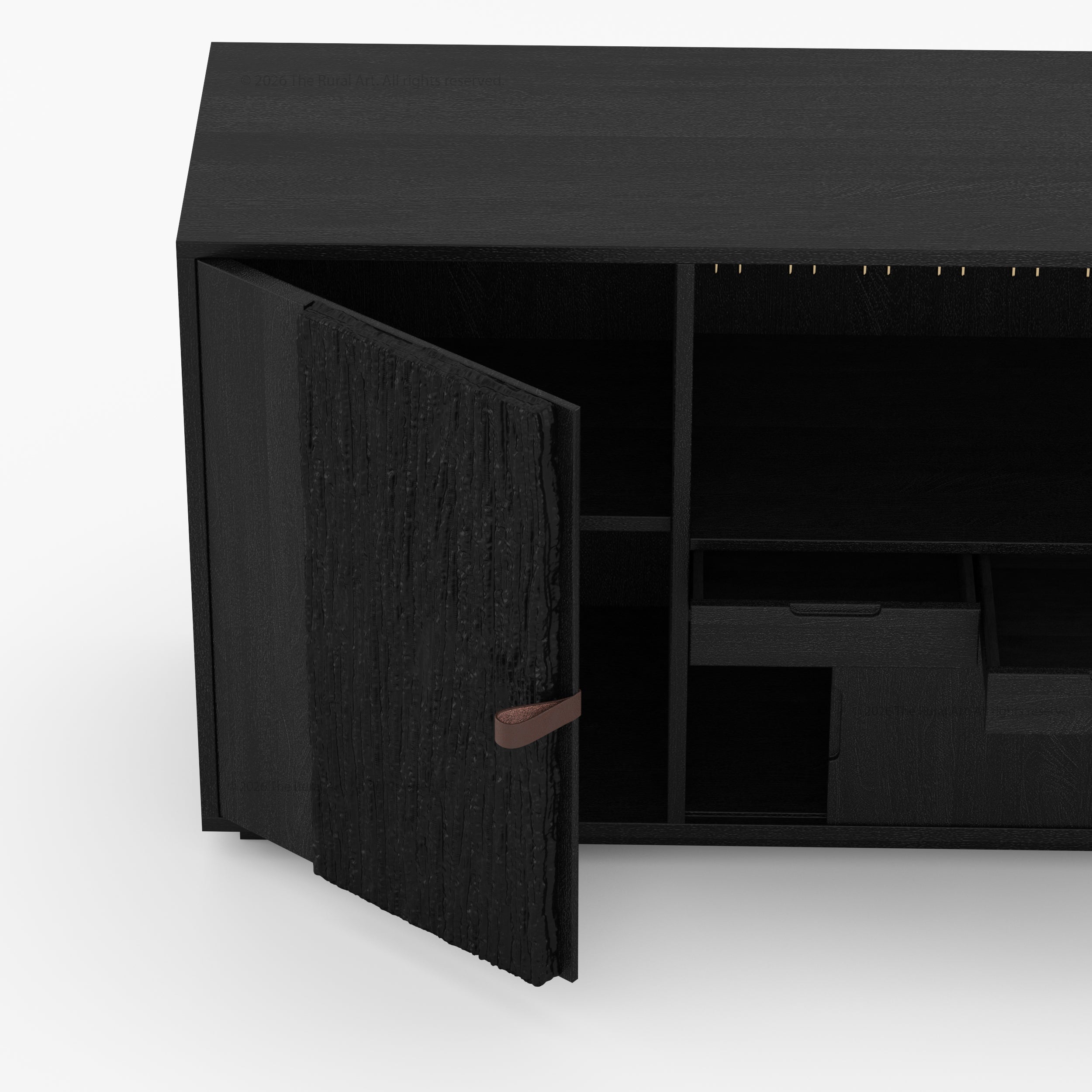 Myers Modern Black Bar Cabinet with Mini Fridge Space & Leather Strap Door