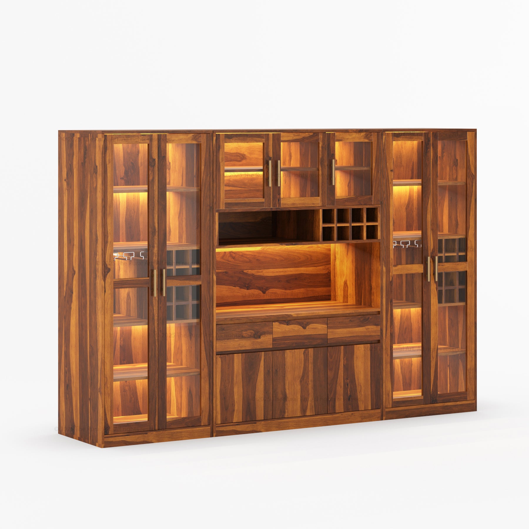 Fairfield Modern Solid Wood Wall Bar Cabinet with Glass Doors and LED Display