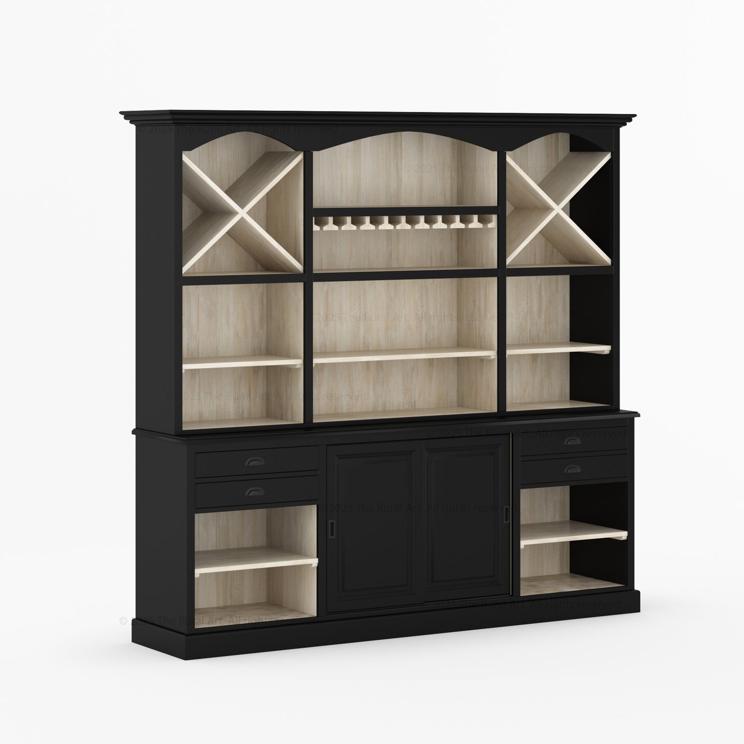Lancaster Solid Wood Hutch Bar Cabinet with Wine Racks & Glass Storage