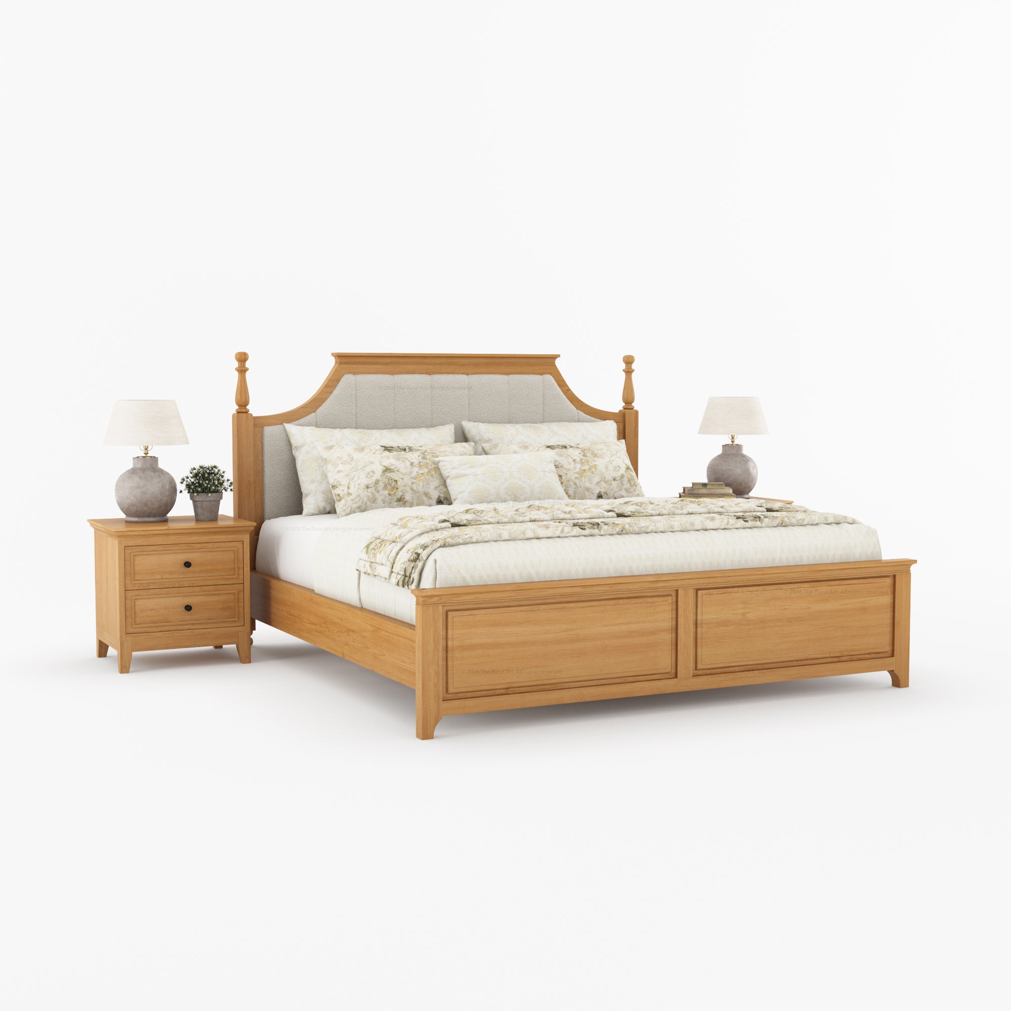 Anniston Solid Wood Bed and Nightstand Set with Upholstered Headboard