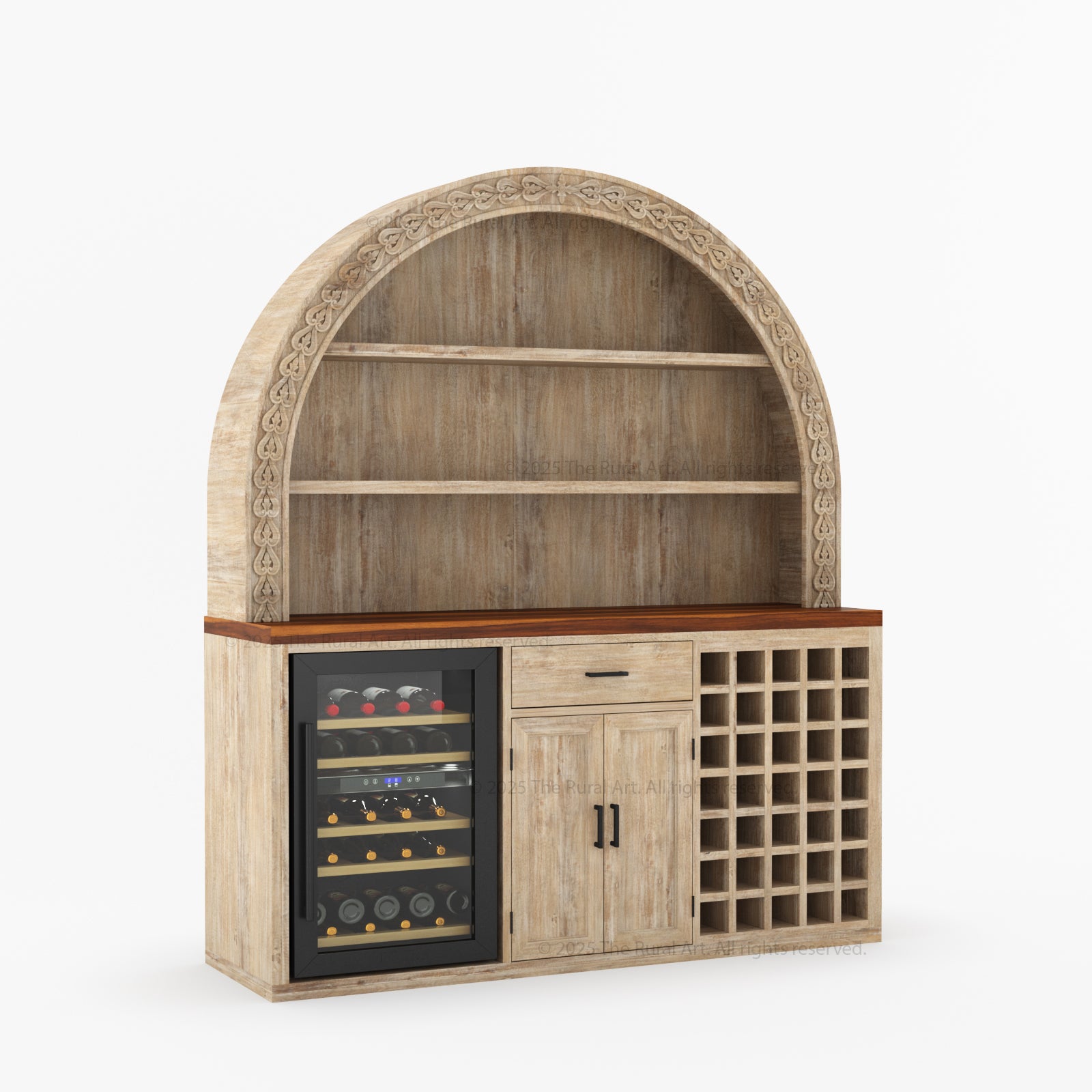 Napa Arched Solid Wood Large Bar Cabinet with Open Shelves and Fridge Space