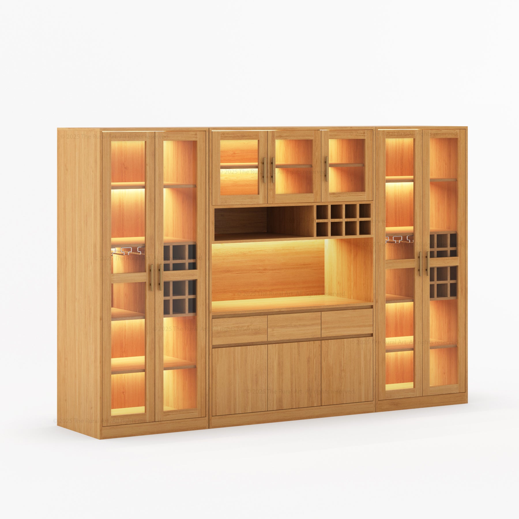 Fairfield Modern Solid Wood Wall Bar Cabinet with Glass Doors and LED Display