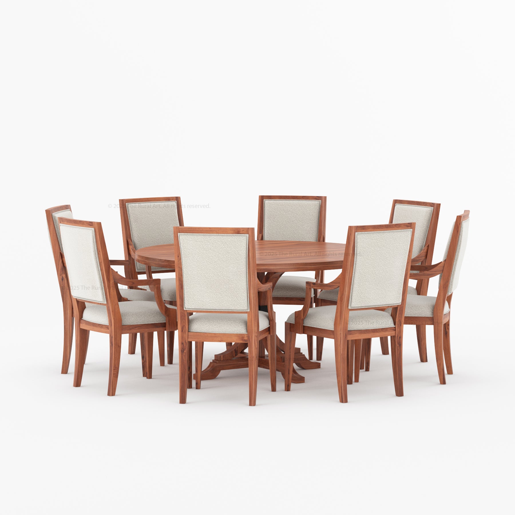 Miami Round Solid Wood Dining Table Set with Iron-Accented Pedestal & Upholstered Armchairs