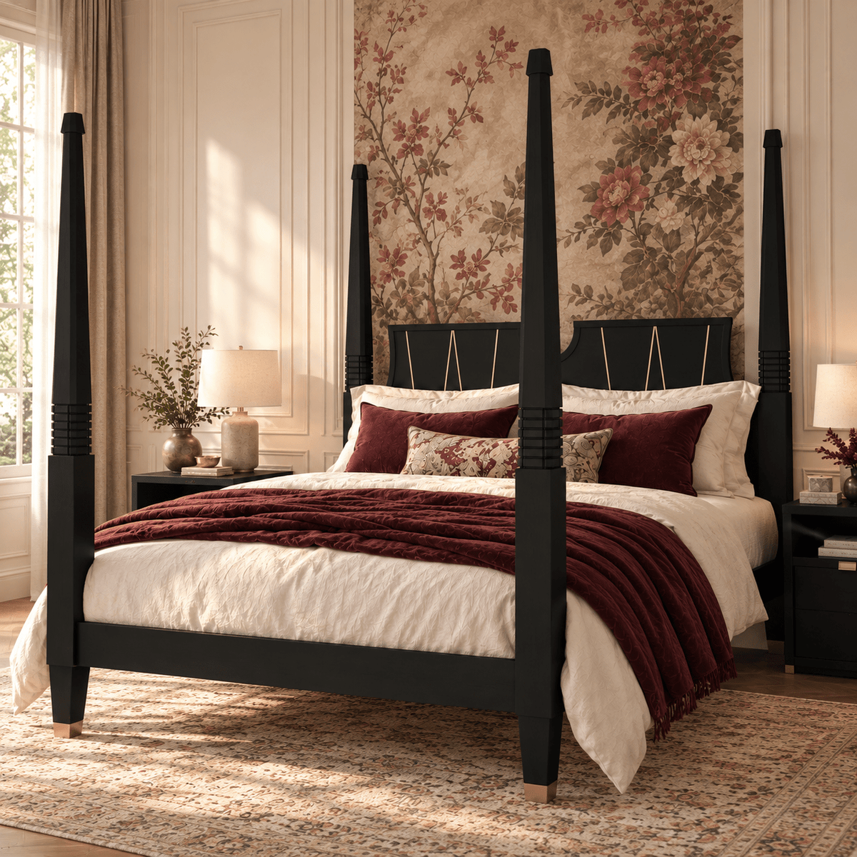 Troy Solid Wood Four Poster Bed with Brass Accent