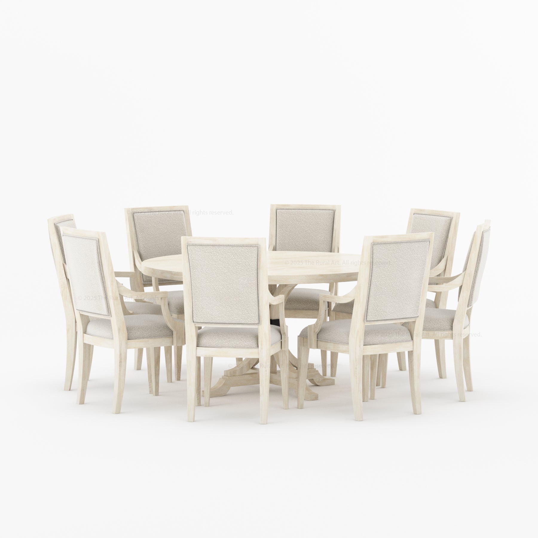 Miami Round Solid Wood Dining Table Set with Iron-Accented Pedestal & Upholstered Armchairs