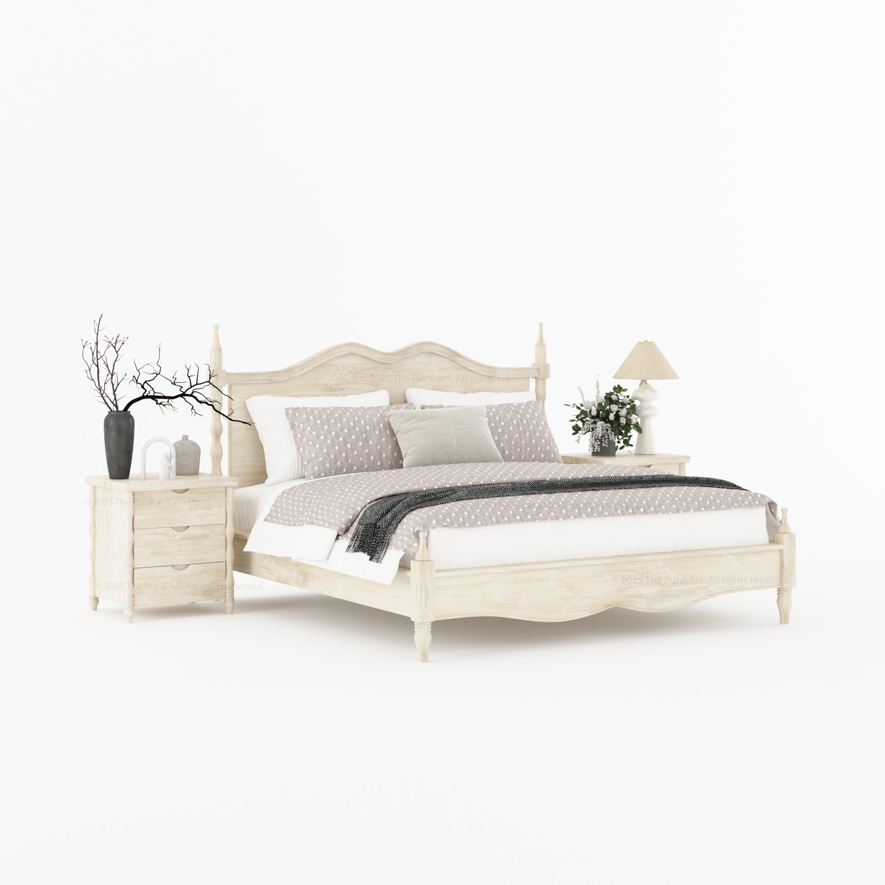 Jasper Solid Wood Bed with Sculpted Headboard & Turned Posts