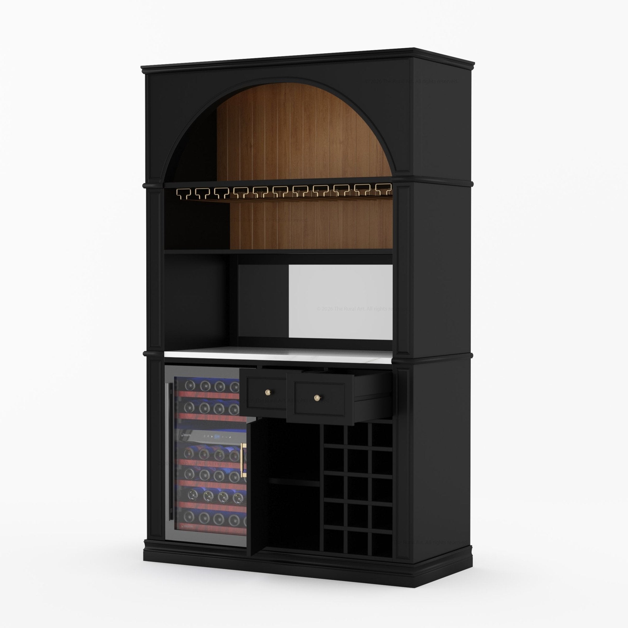 Douglas Arch Wine Bar Cabinet with Fridge Space & Marble Countertop