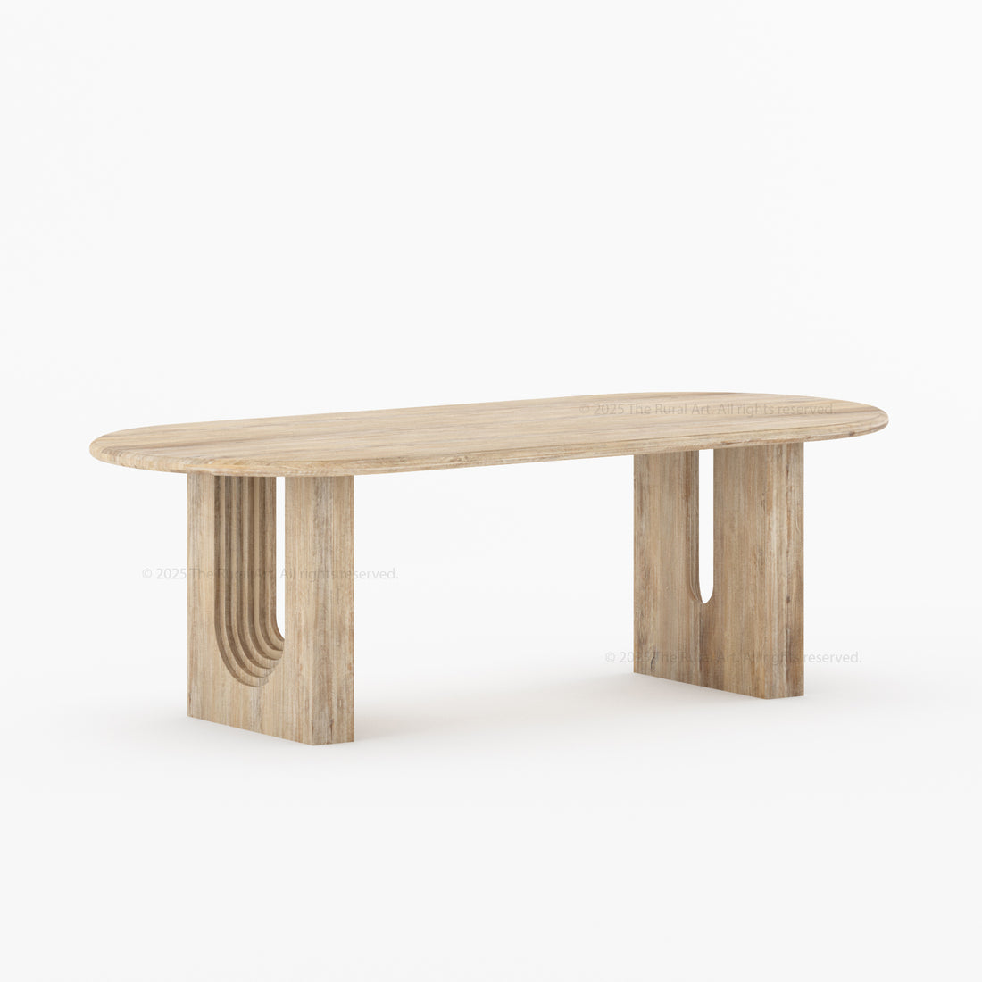 Wooden table with unique leg design on a white background