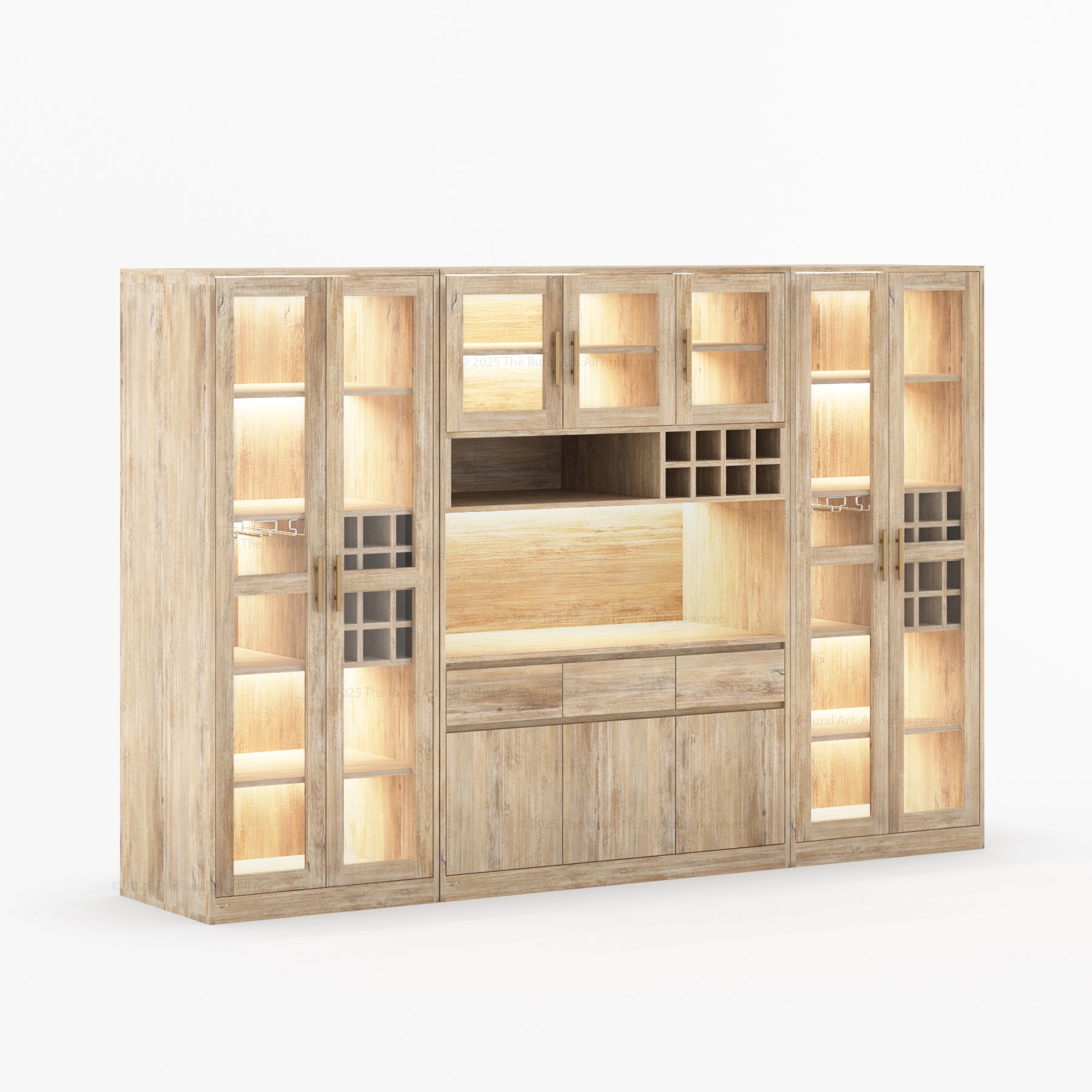 Fairfield Modern Solid Wood Wall Bar Cabinet with Glass Doors and LED Display