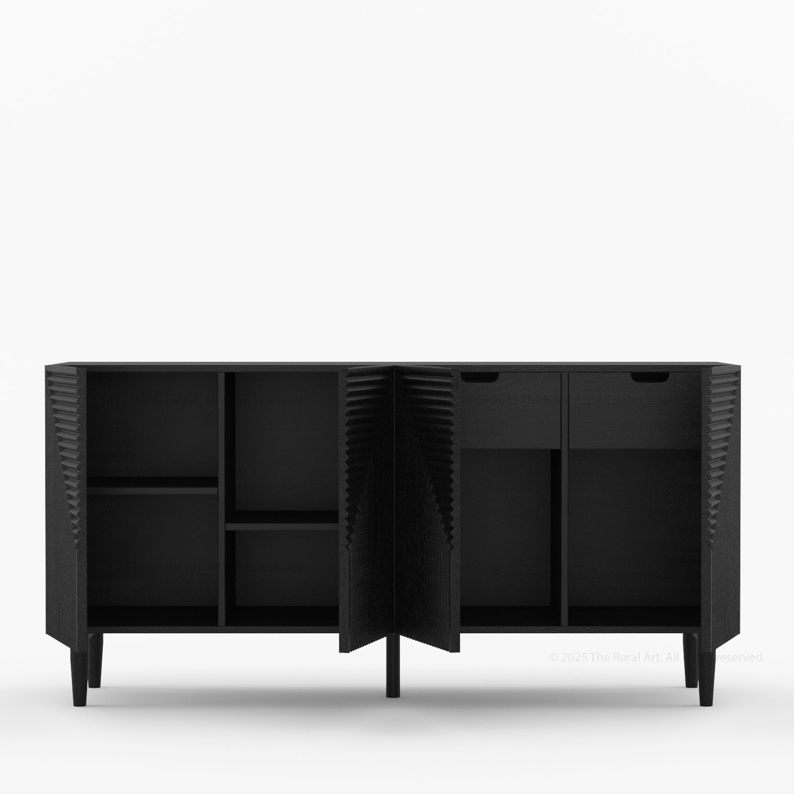 Chicago Geometric Carved Black Solid Wood Sideboard Buffet