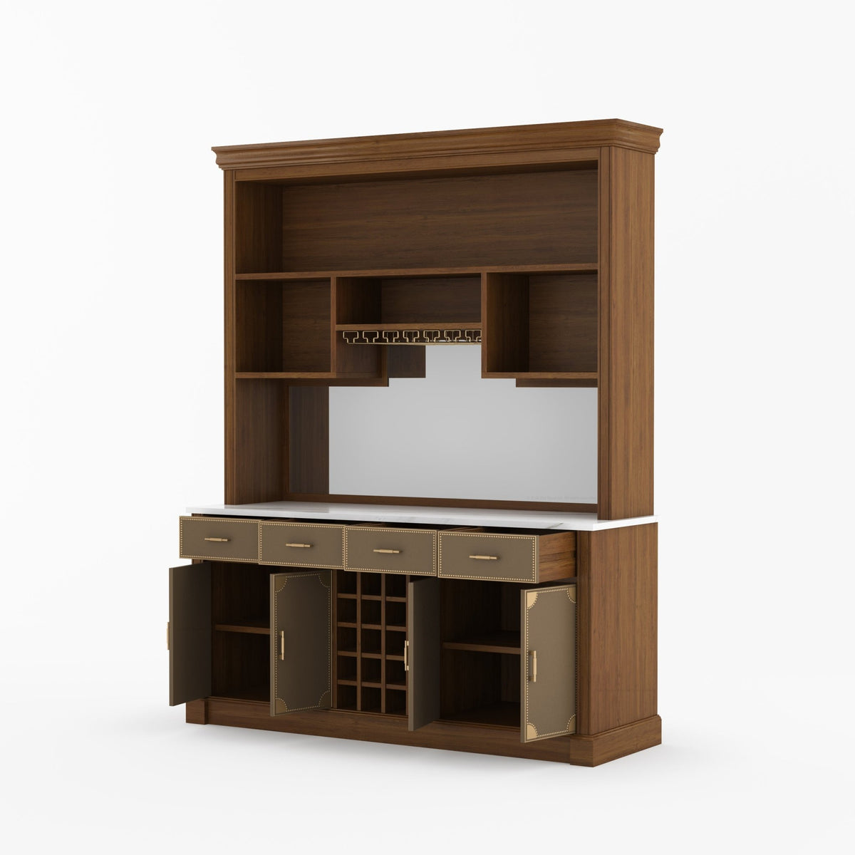 Lexington Solid Wood Wine Bar Cabinet with Hutch, Marble Countertop & Leather Detailing