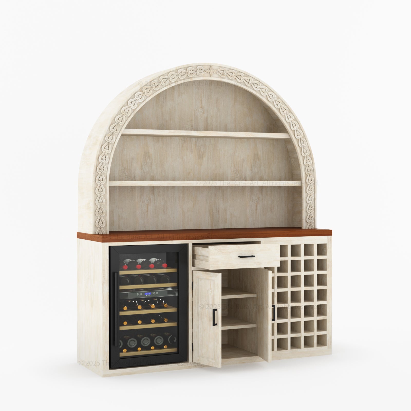 Napa Arched Solid Wood Large Bar Cabinet with Open Shelves and Fridge Space