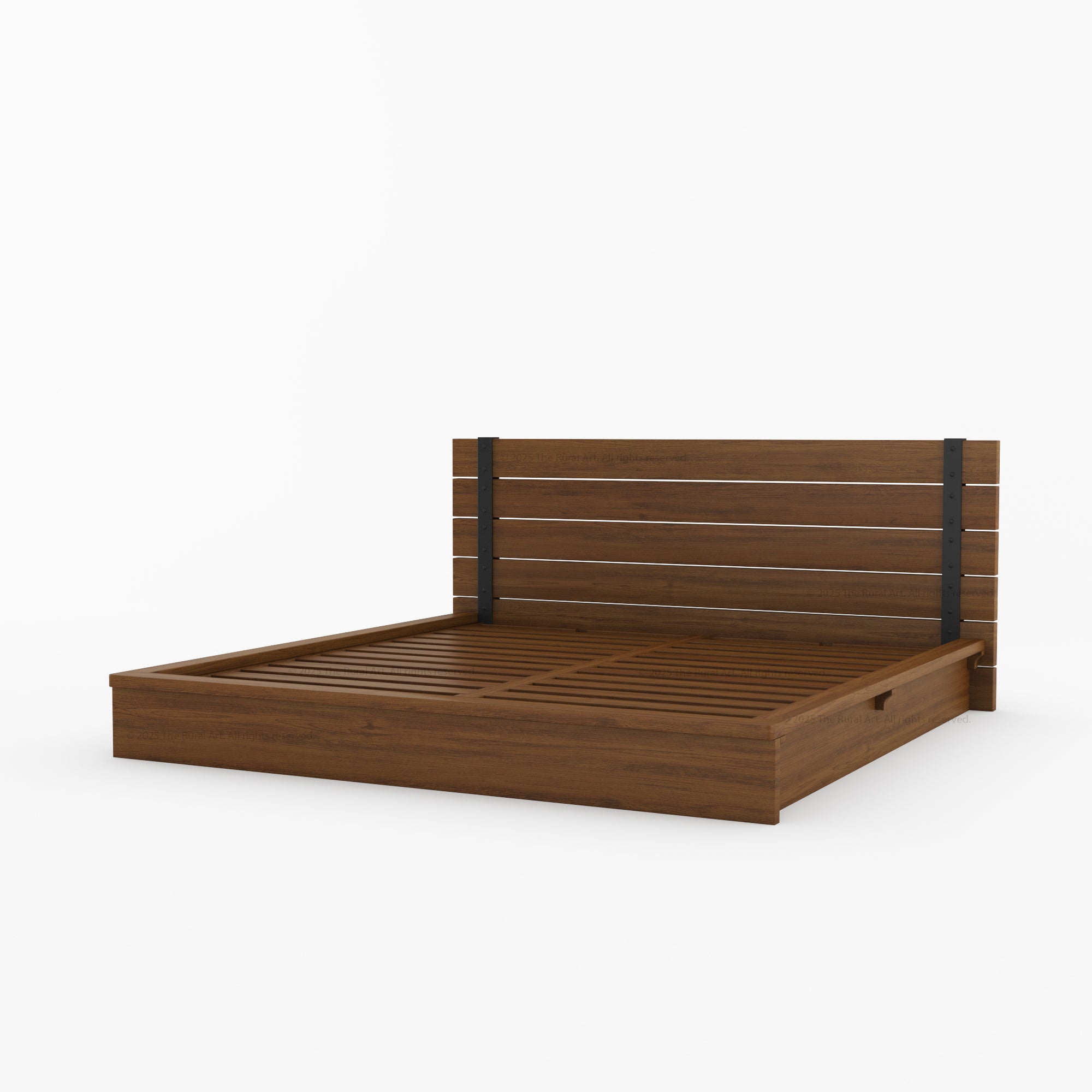 Dallas Solid Wood Bed & Nightstand Set with Slatted Headboard and Iron Accents