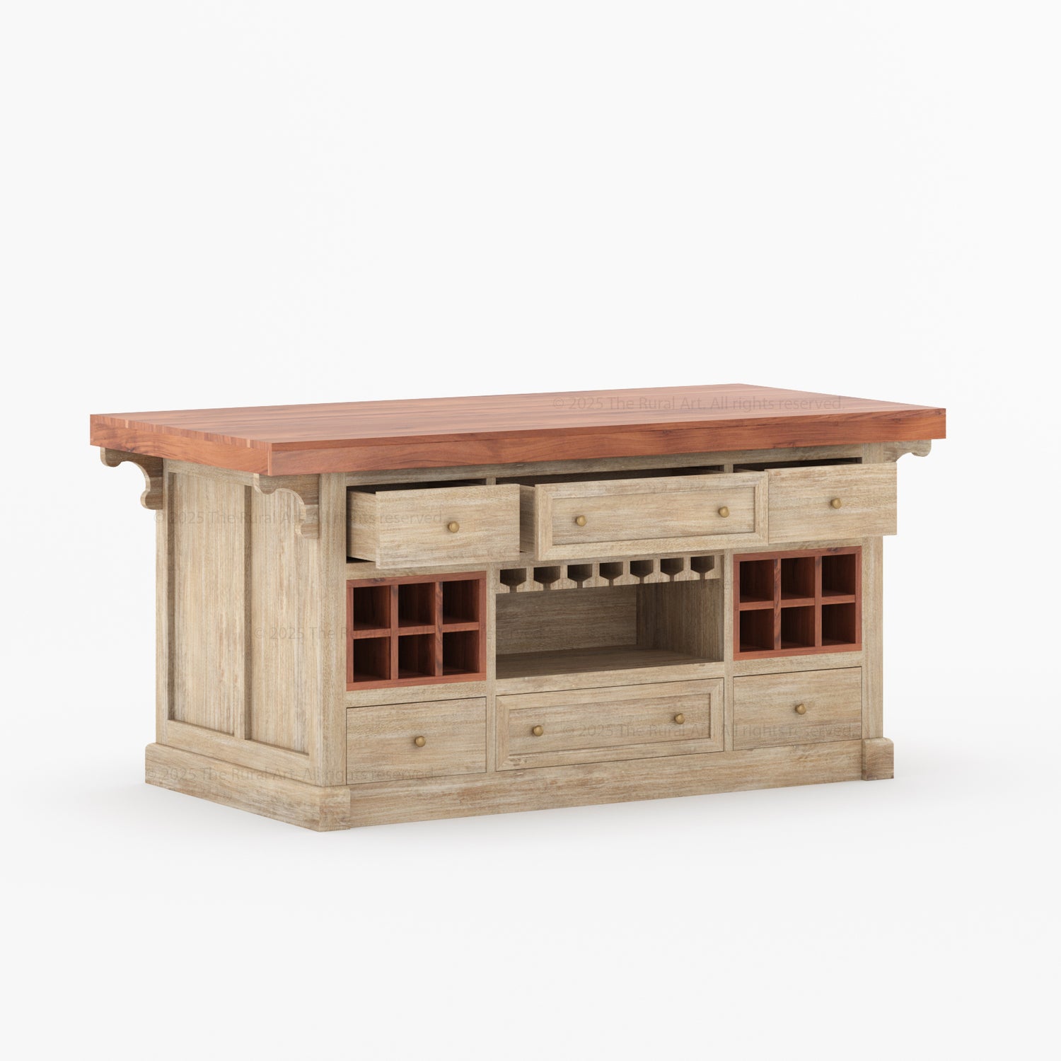 Sunbury Solid Wood Kitchen Island with Wine Rack & Dual-Sided Storage