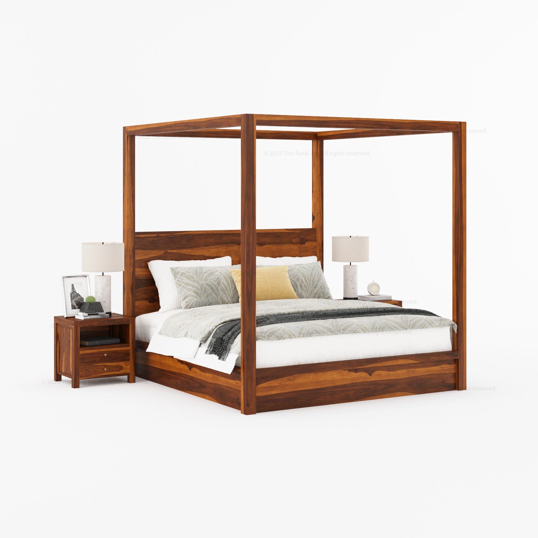 Orlando Solid Wood Canopy Platform Bedroom Set With Dresser, Nightstand, Bedside Bench & Mirror
