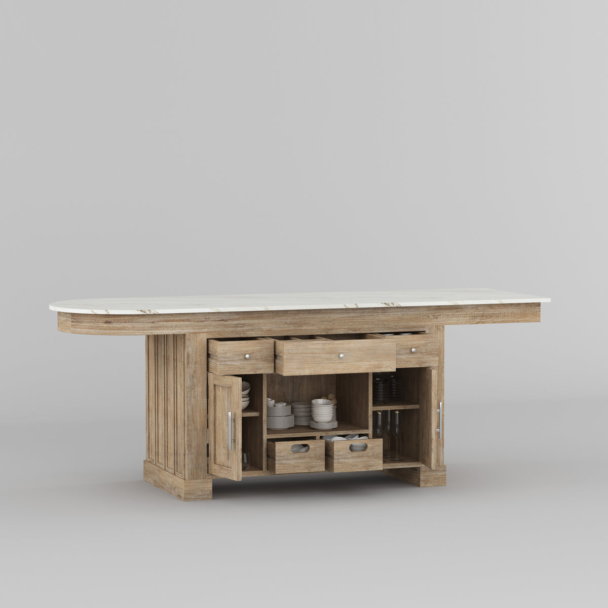 Portland Solid Wood Kitchen Island with Marble Countertop and Optional Stool Set