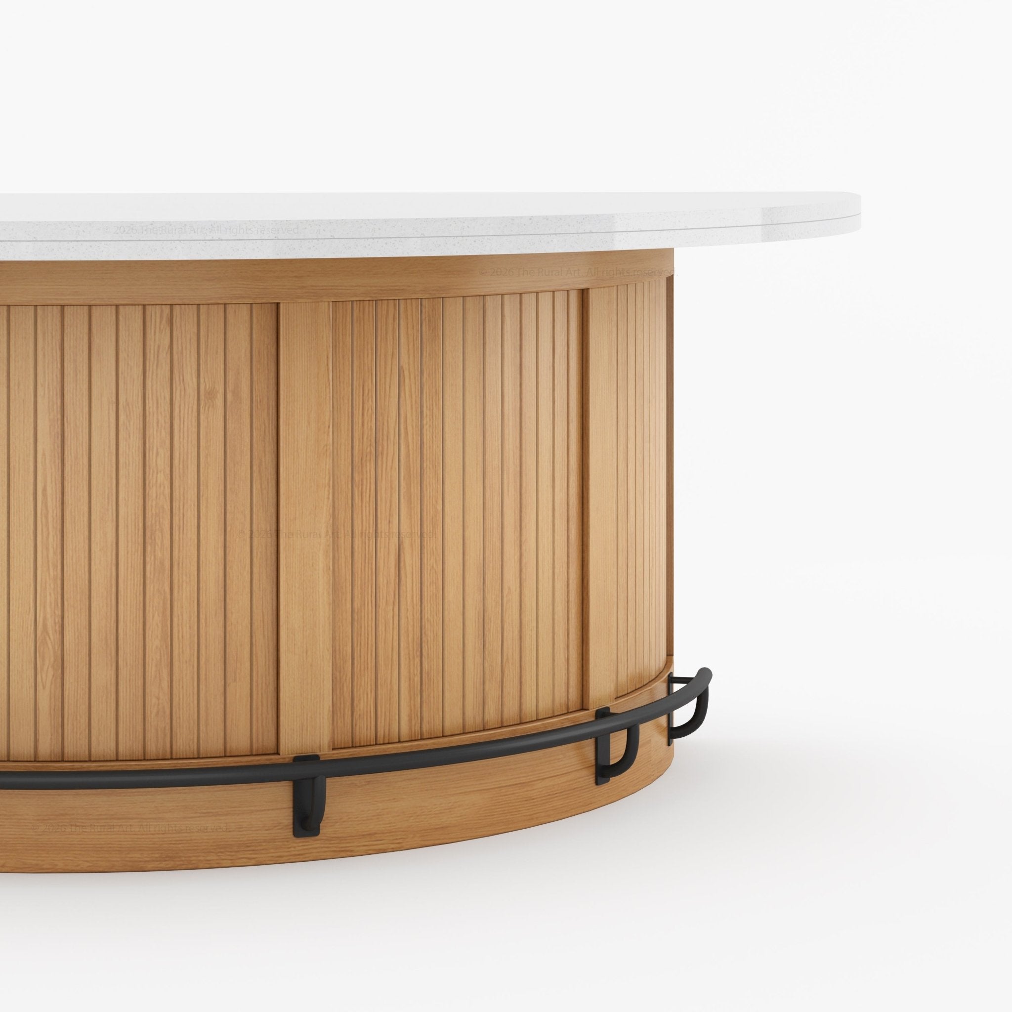Midland Curved Solid Wood Half Round Kitchen Island with Upholstered Stools & Quartz Top