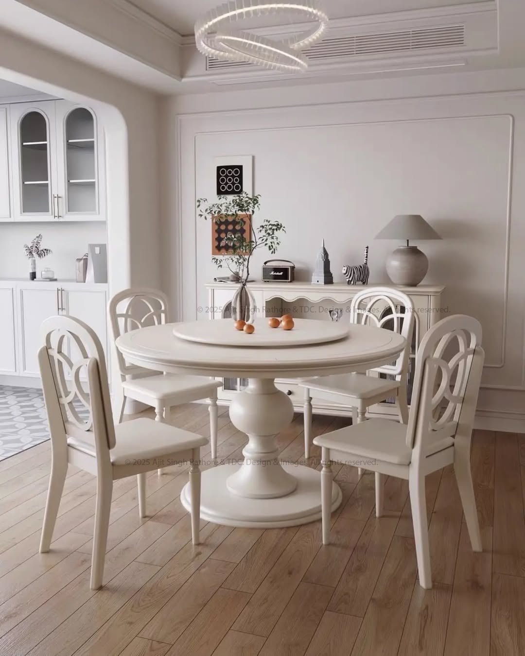 Decatur Classic White Round Dining Table and Chair Set with Lazy Susan