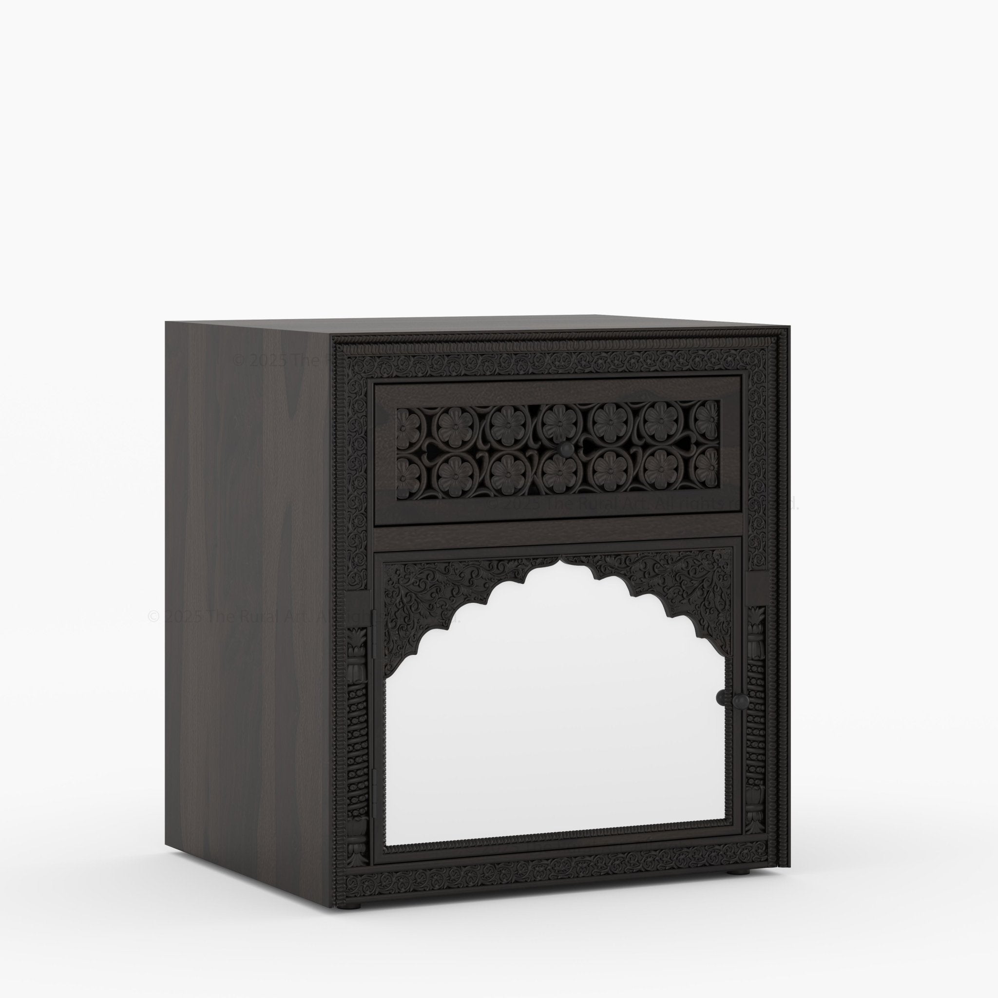 Dakota Hand-Carved Solid Wood Nightstand with Mirror Inlay