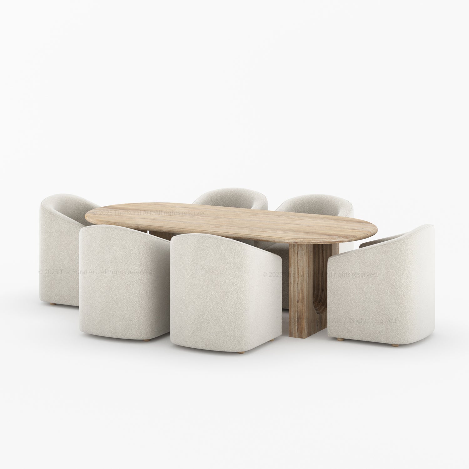 Modern furniture set with a wooden table and Upholstered bouclé beige chairs on a white background